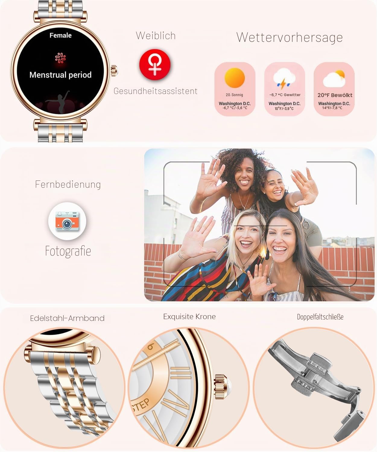 Smartwatch Damen 1,27 Zoll IP67 Wasserdicht Fitness Tracker mit Pulsmesser Schlafüberwachung Schrittzähler