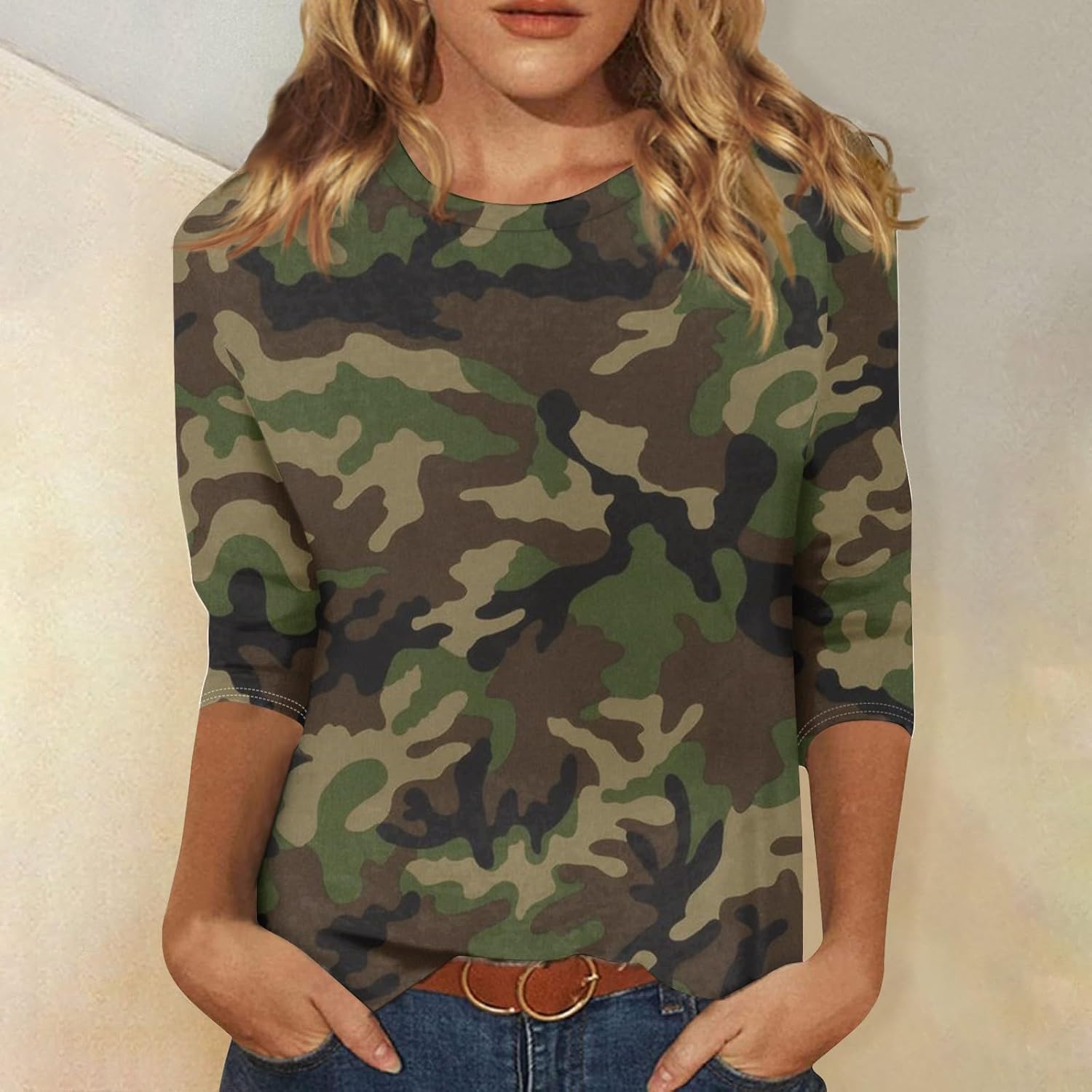 slqdgmryz 3/4 Length Sleeve Womens Tops Camo Shirt Printed Crew Neck T Shirts Loose Three Quarter Casual Dressy Blouses - Image 2