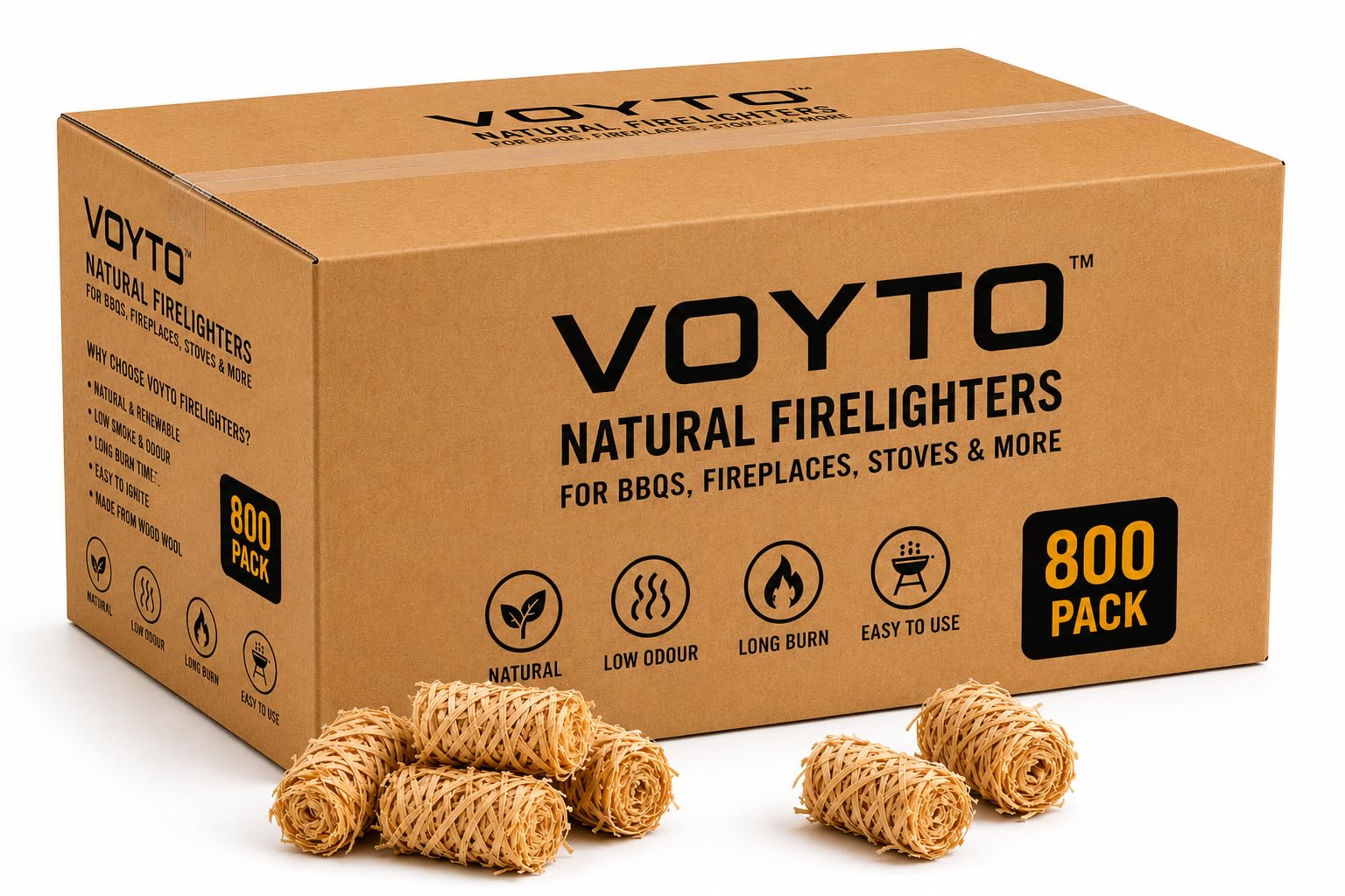 VOYTO Natural Firelighters - 800 Eco Wood Wool & Wax Fire Starter Cubes for BBQ, Pizza Oven, Log Burners & Fireplaces - Odorless, Fast Ignition, Long Burn, Chemical-Free for Indoor & Outdoor Use