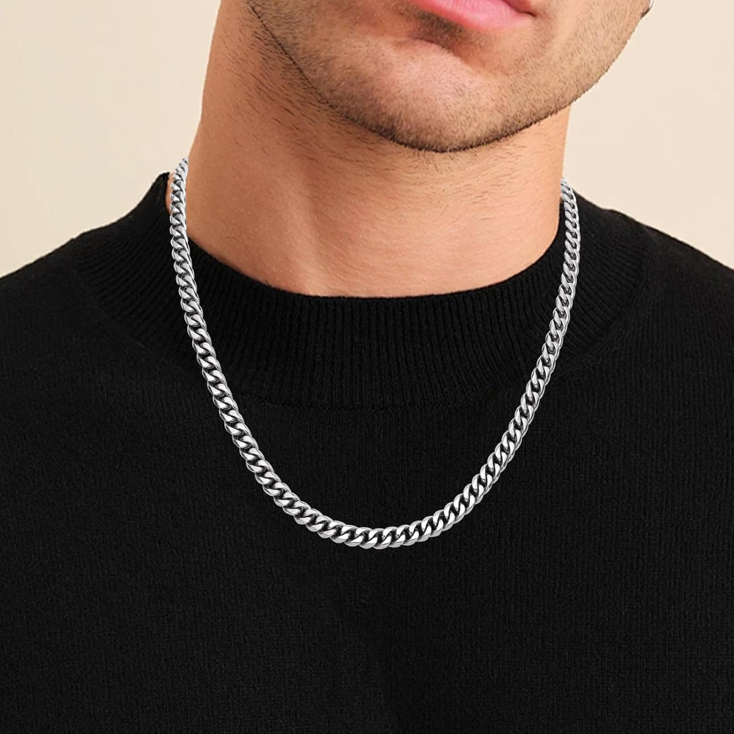 SanThree 7MM Pure Titanium Cuban Link Chain Necklace Valentines Gift for Him, Diamond Cut Skin Friendly Solid Titanium Chunky Double Tight Curb Chain Necklaces for Men Women Sensitive Skin Hip Hop Jewelry