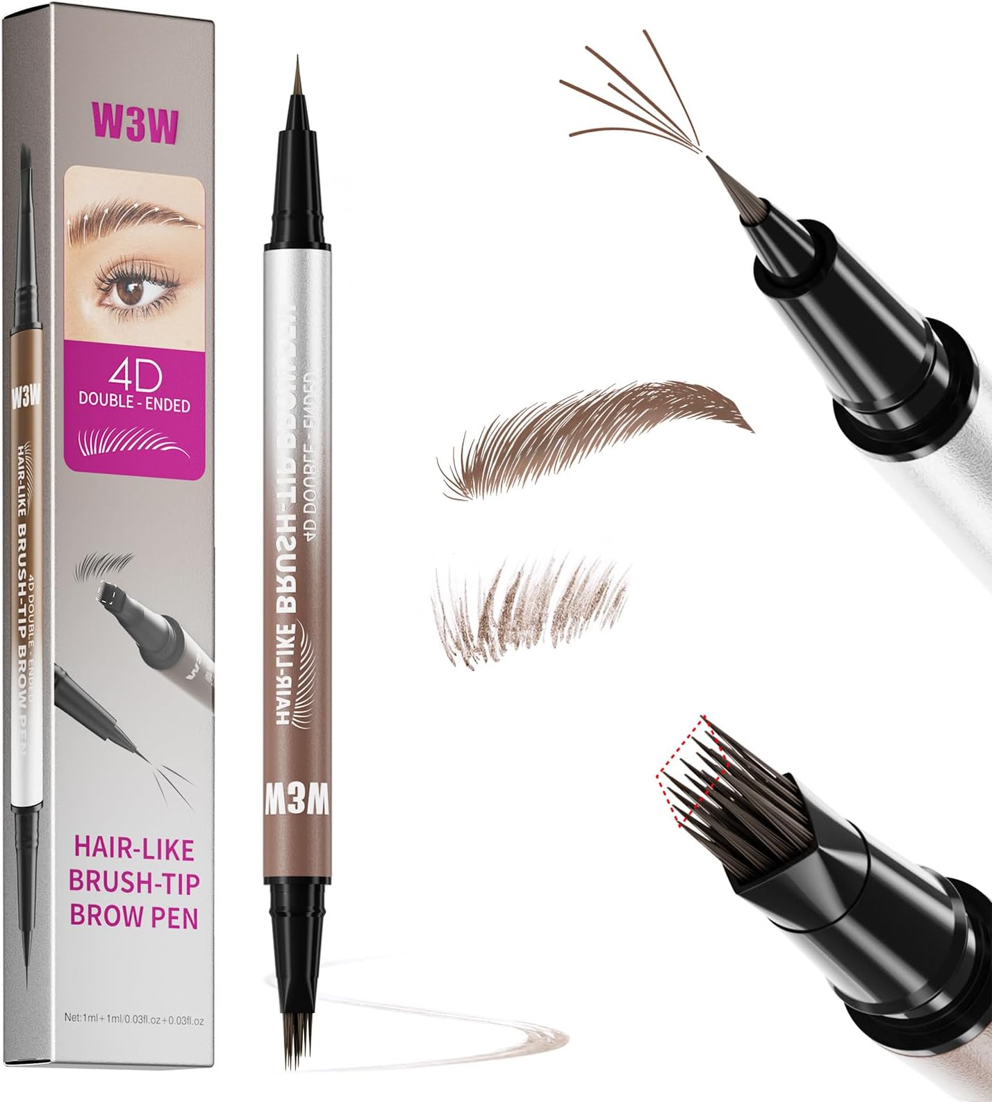4D Microblading Eyebrow Pencil, Waterproof & Smudge-proof Brow Pen with 2 Tips (4D Angled Square + Ultra Fine) and Fork Comb for Hair Effect, Long Lasting (Brown)