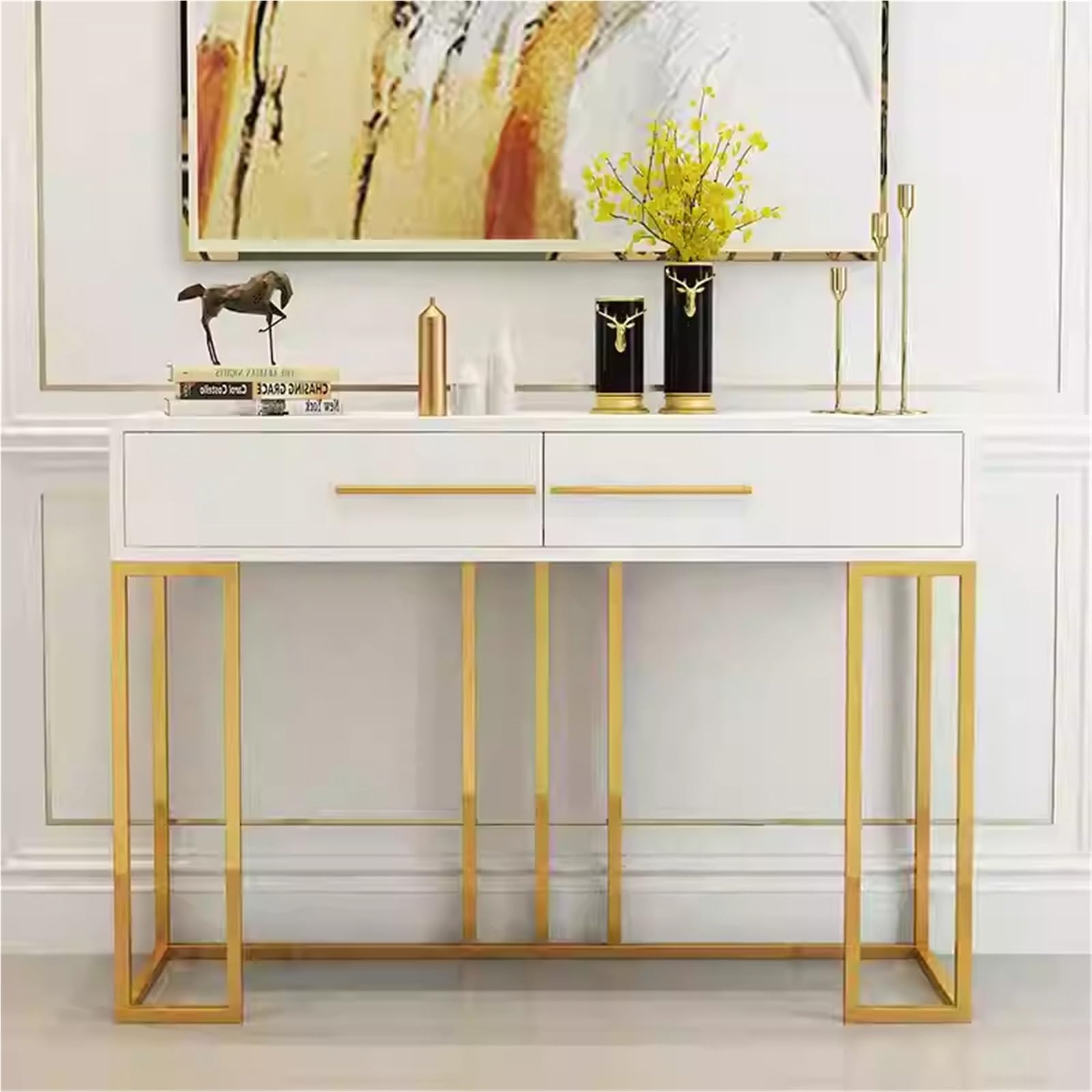 Générique Table Console d'entrée Fine avec étagère intégrée derrière Le canapé, en marbre et Miroir, Style Moderne. Table Console en Bois Moderne avec Pieds en métal géom
