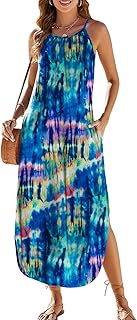 Womens Summer Dresses Casual Loose Halter Long Sundress Sleeveless Split Maxi Beach Dress with Pockets - Buy now