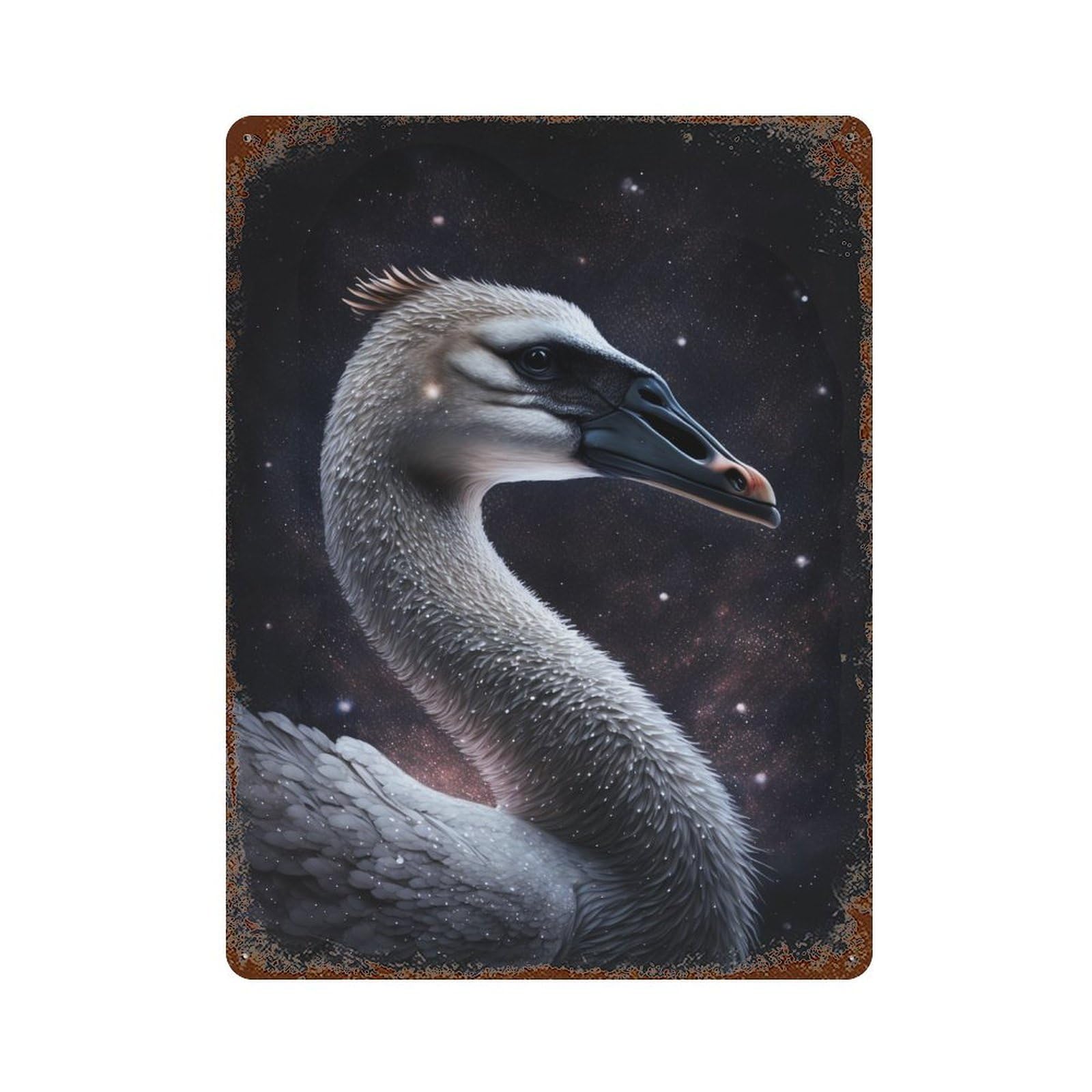 Rusty Metal Tin Sign Galactic Swan Portrait 15.7"x11.8", Rustic Home Decor for Shed, Workshop And Garage Wall Decor
