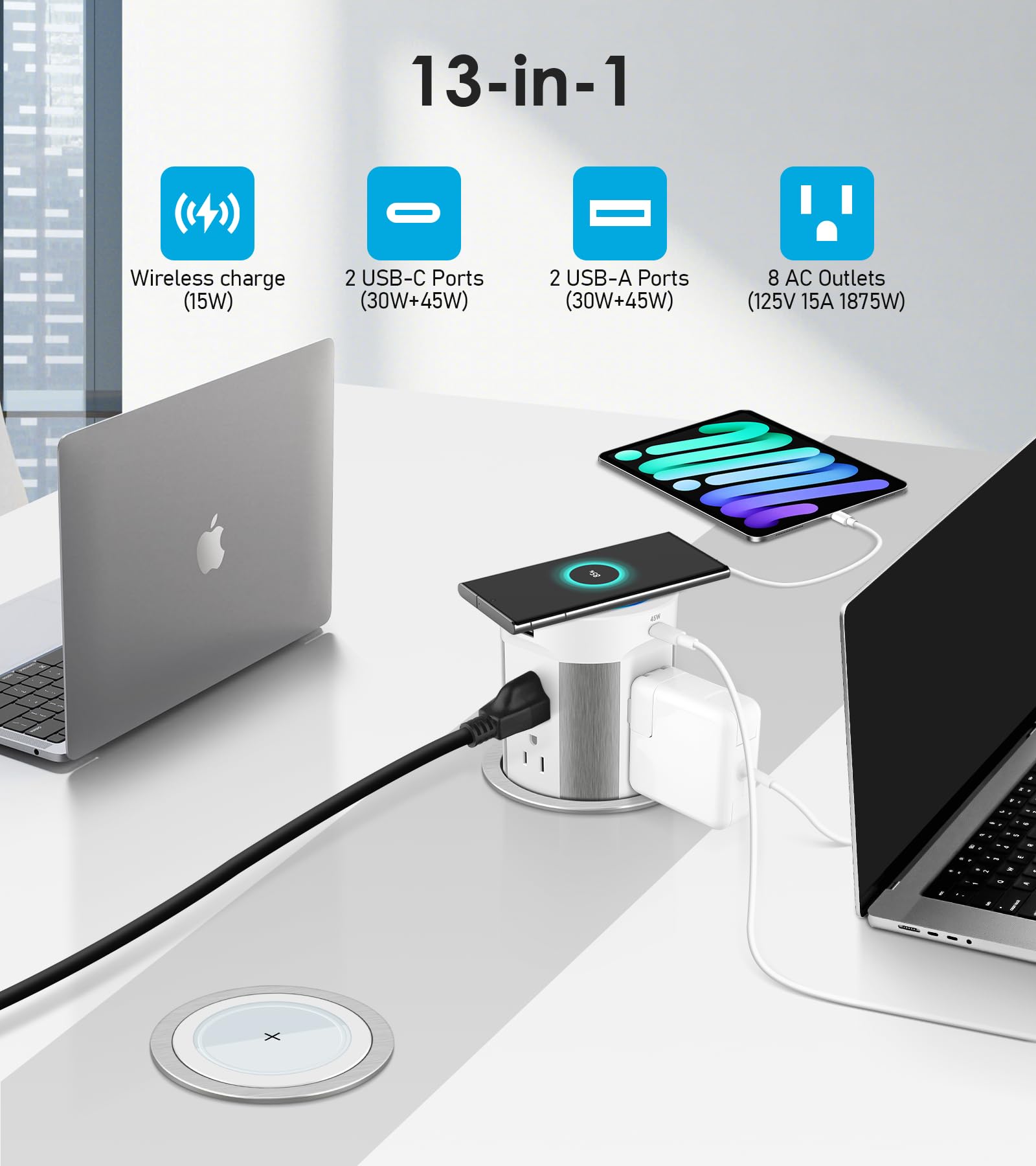 Pop Up Outlet for Countertop, 15W Wireless Charger PD 45W, 2 USB-A & 2 USB-C & 8AC Outlets 15A Tamper Resistant, 4-inch Island Kitchen Pop Out