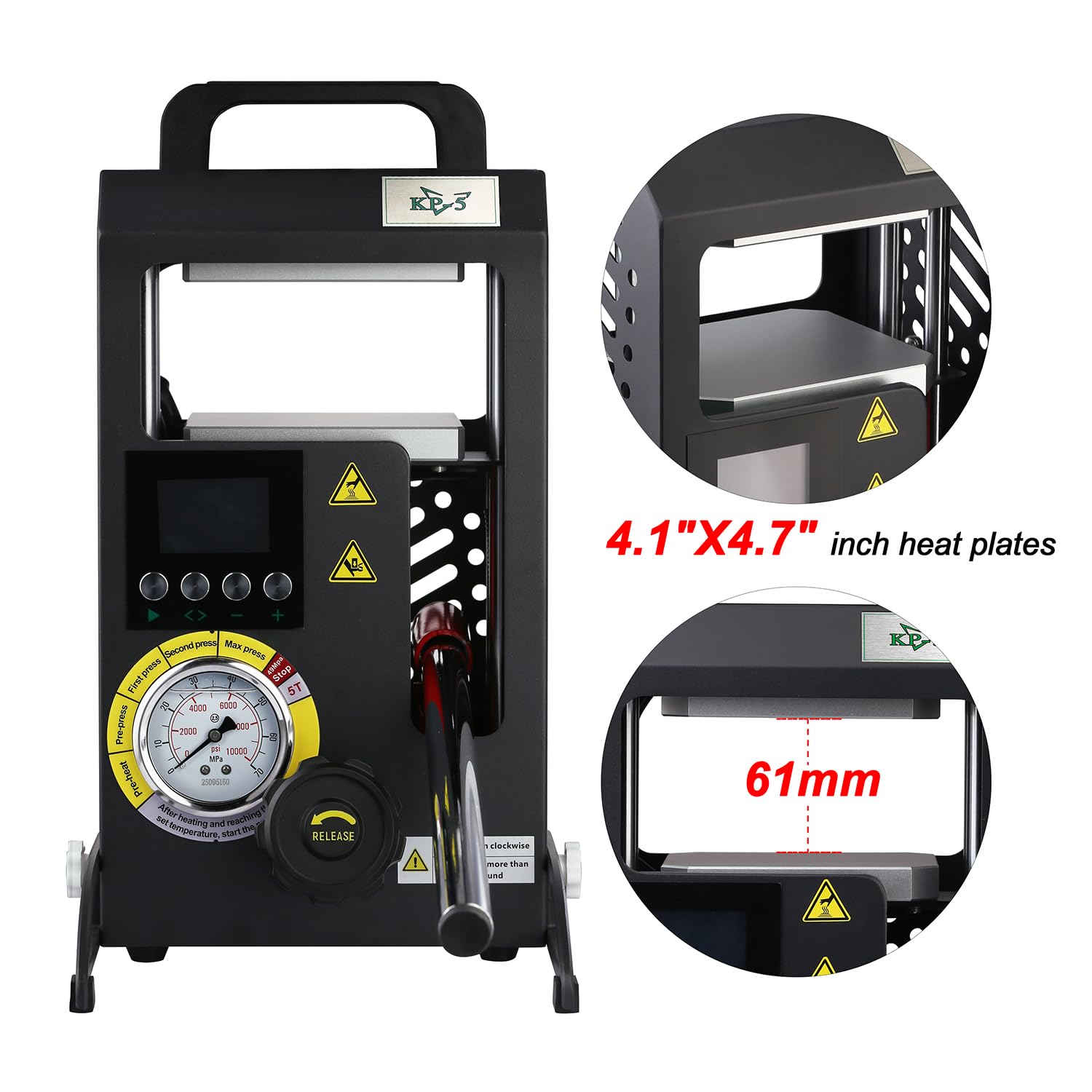 5-Tonnen-Wärmepresse mit 11,9 x 10,4 cm doppelt beheizten Platten, manuelle Presse mit LCD-Digitalanzeige und präzisem Manometer, 110 V/220 V