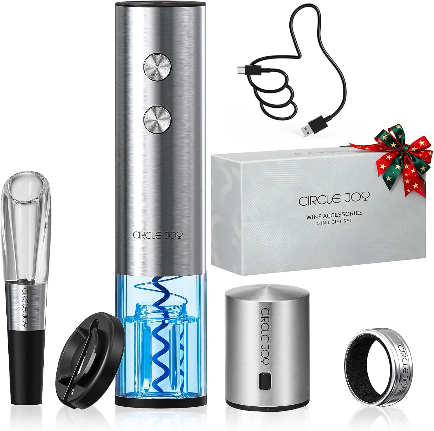 CIRCLE JOY Electric Wine Opener Rechargeable 5-in-1 Wine Gift Set with Foil Cutter, Wine Aerator Pourer, Wine Drip Ring & Vacuum Stopper, White Elephant Gifts for Adults, Silver
