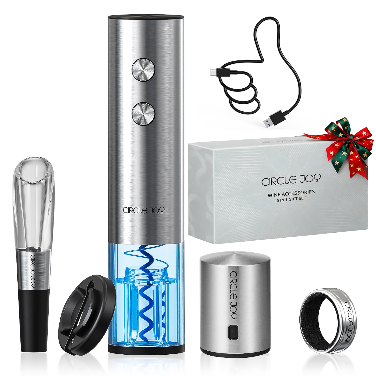 CIRCLE JOY Electric Wine Opener Rechargeable 5-in-1 Wine Gift Set with Foil Cutter Wine Aerator Pourer Wine Drip
