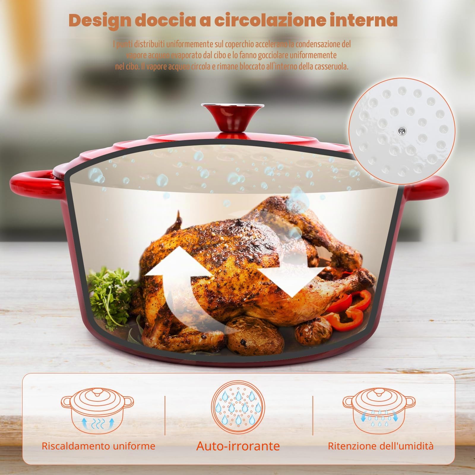 Pentola in ghisa smaltata, diametro 28 cm, con coperchio, per tutti i piani cottura e a induzione, in ghisa, per pane, rotondo, rosso, 5,7 l
