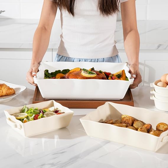 Sweejar Casserole Dishes for Oven, Ceramic Bakeware Set of 3, Rectangular Baking dish with Handles, Wave Edge Lasagna Pan Deep for Cooking, Cake, Dinner, Banquet and Daily Use (Baking dish(Set of 1), White New)