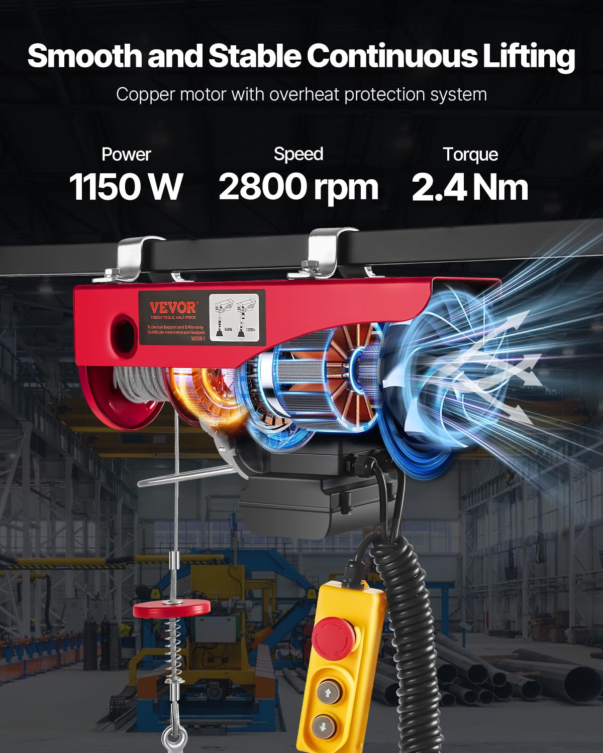 VEVOR Paranco a Leva Elettrico 1150 W Carico Max. da 600 kg Altezza di Sollevamento 12 m Motore con Telecomando, Paranco Elettrico a Leva per Sollevamento Carico Velocità 10 m/min da Garage