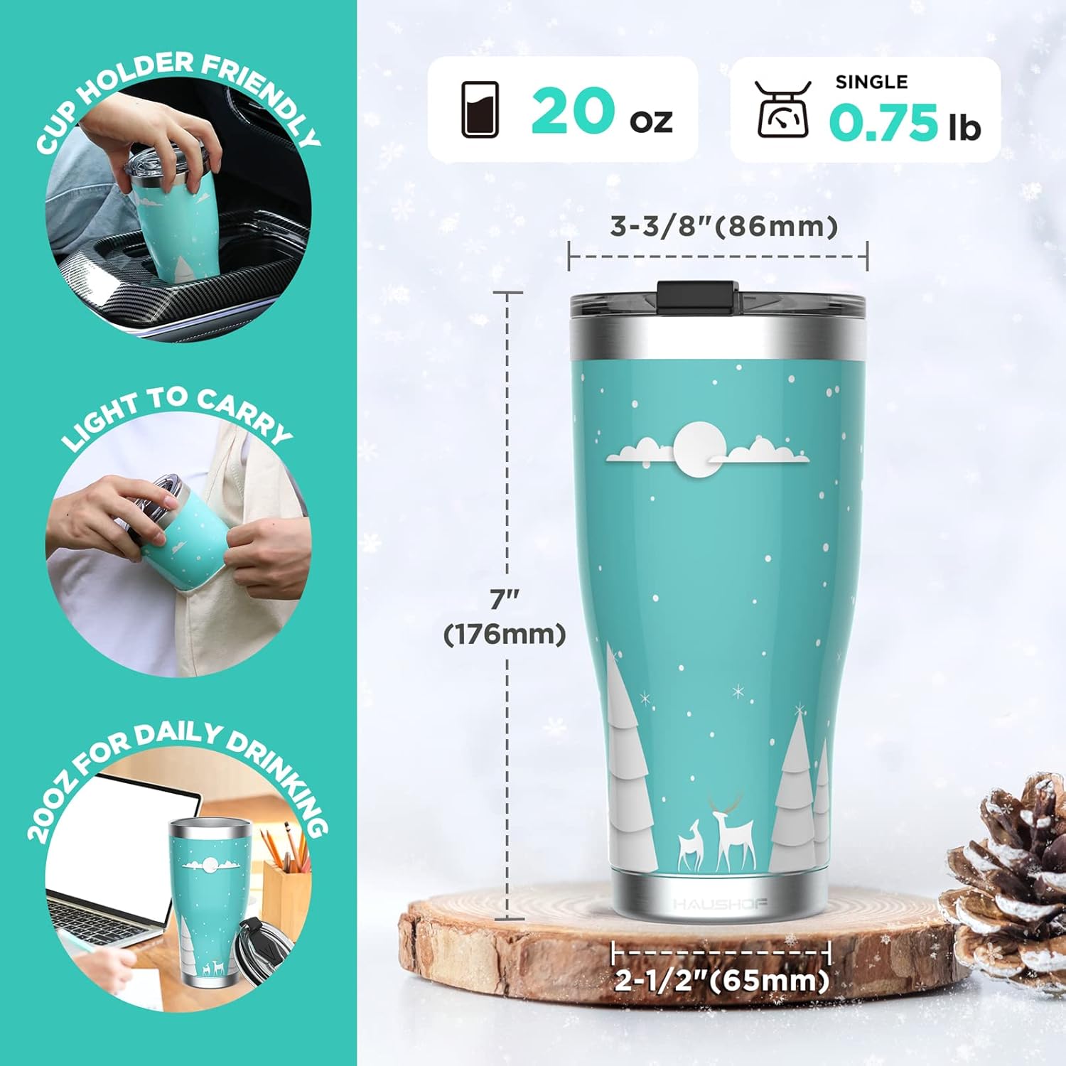 HAUSHOF 20oz Christmas Tumbler, Stainless Steel and Double Wall Insulated Travel Coffee Mug with Lid, Good Choice for Christsmas Gifts-Teal with Christmas Tree - Image 2