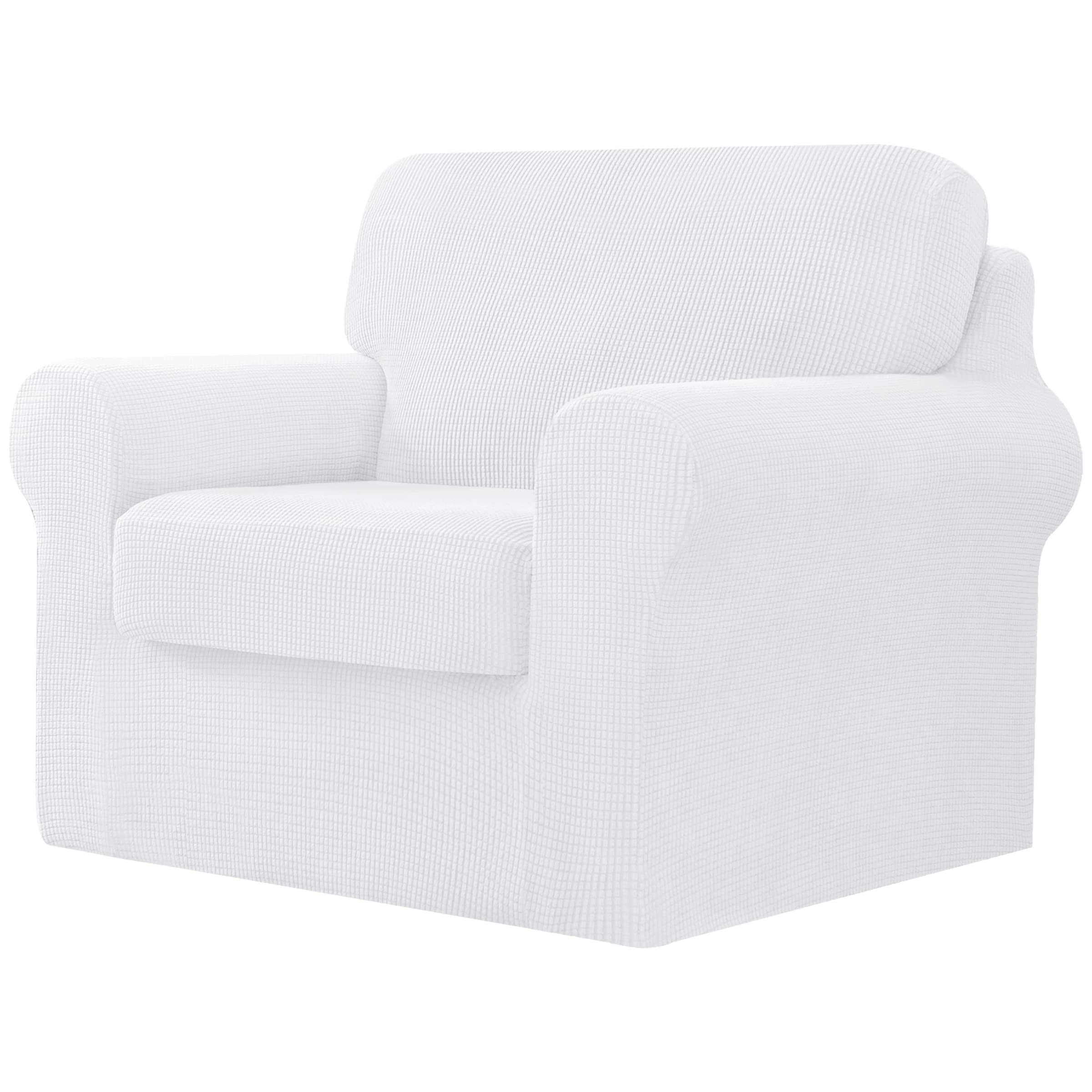 CHUN YI 3 Piece Stretch Armchair Sofa Cover, 1 Seater Couch Slipcover with One Separate Backrest and Cushion with Elastic Band, Checks Spandex Jacquard Fabric(Small,White)