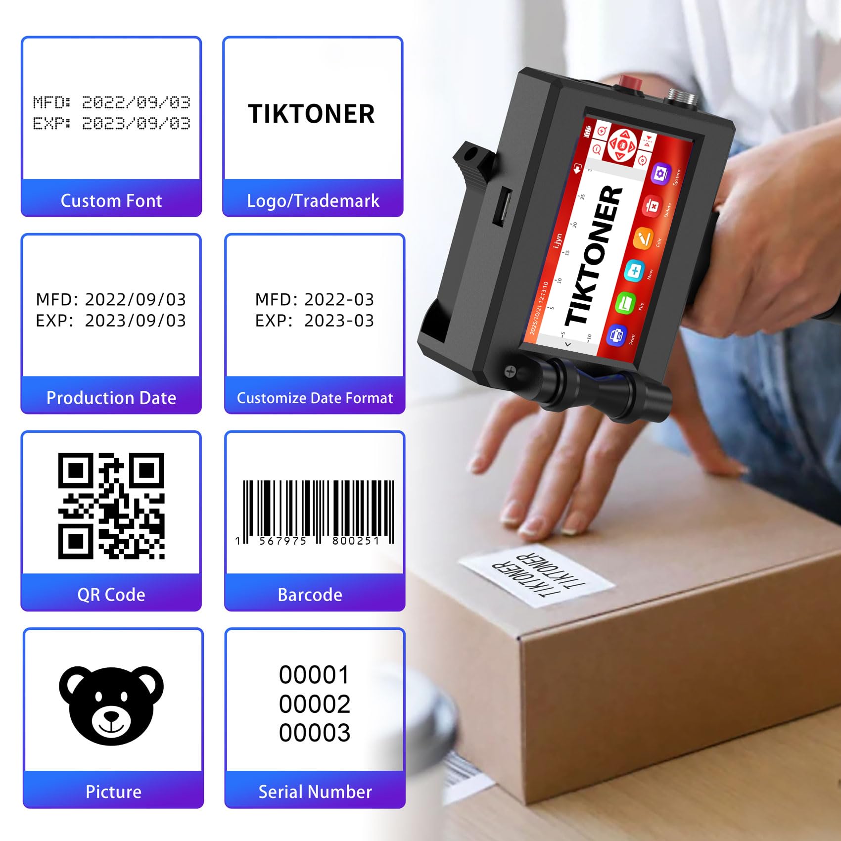 Imprimante à jet d'encre portable 127T2, 2,5 cm, écran LED 11,9 cm, cartouche séchage rapide, codage QR date logo code-barres