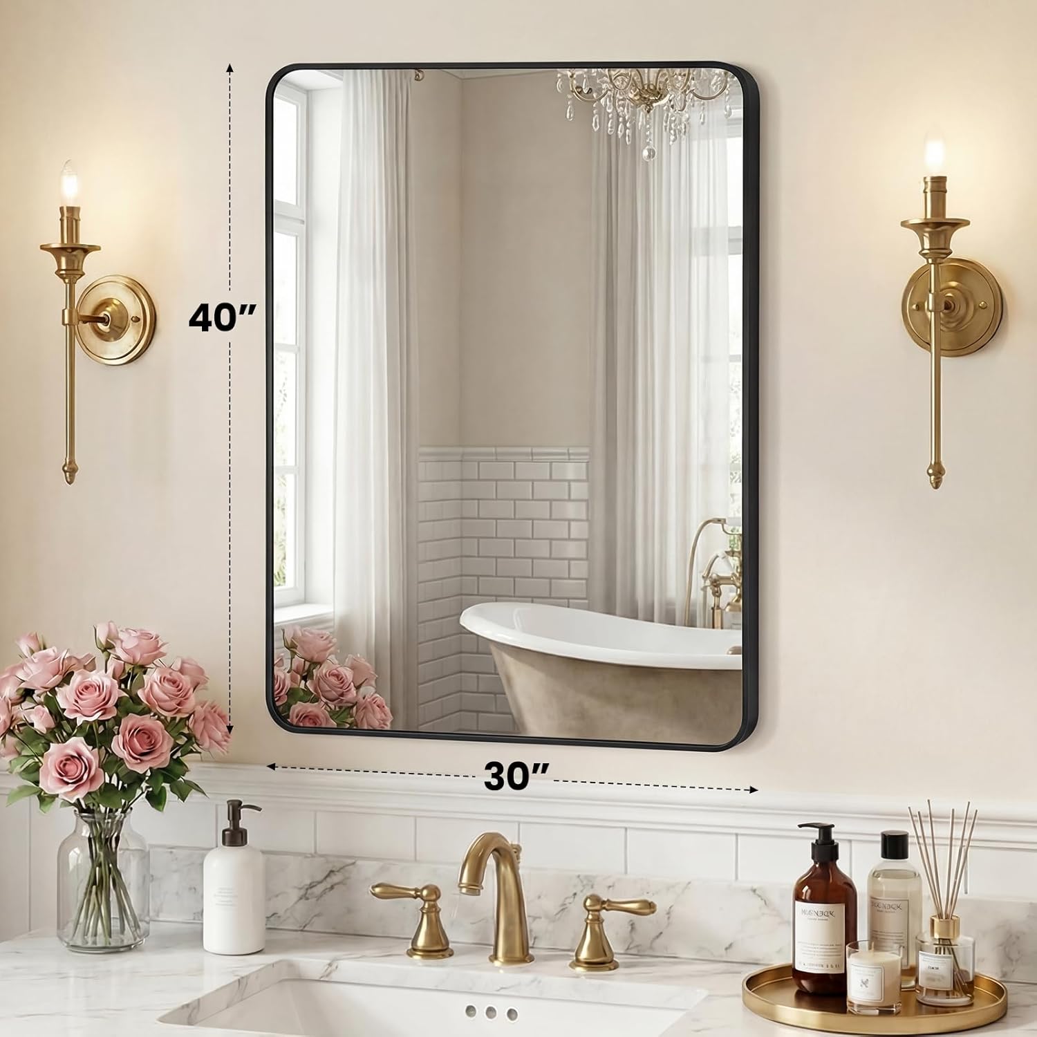 NEWBULIG 30X48 Inch Bathroom Mirror, Rectangle Wall Mirror with Rounded Corners, Gold Vanity Mirrors for Bathroom Sink with Metal Frame