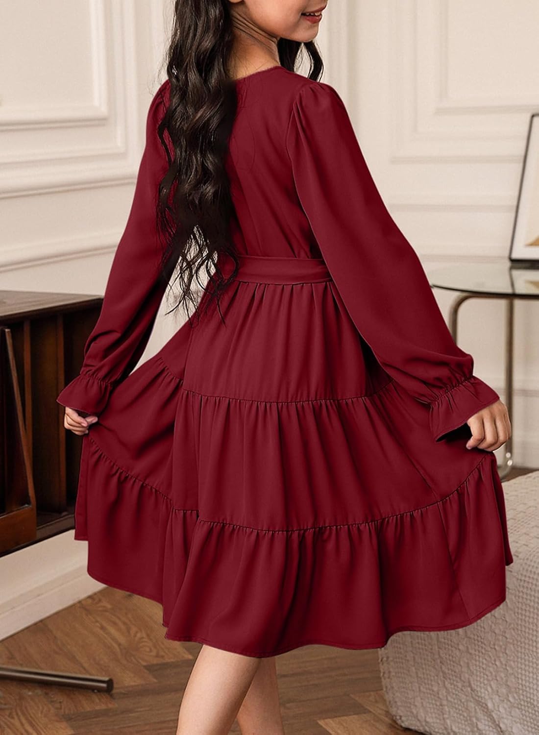 blibean Girls Long Sleeve Fall Dresses Tween Casual Ruffled Swing Formal Dressses Belt Size 6-15 Years - Image 3