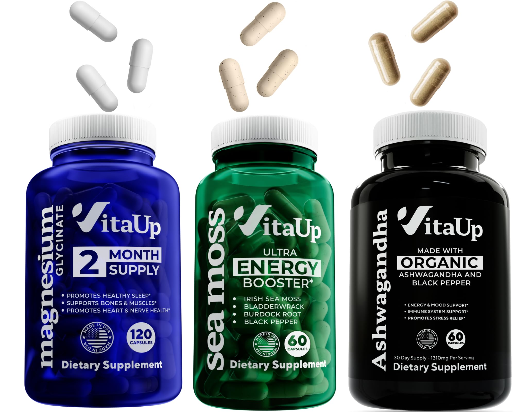 VitaUp Magnesium Glycinate 200mg, Irish Sea Moss Capsules, and Organic Ashwagandha Capsules