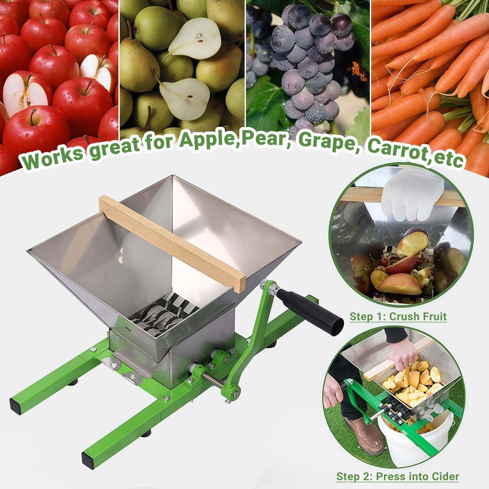 Trituradora manual de frutas y exprimidor, trituradora portátil de 7 litros con asa, acero inoxidable para vino, prensado de sidra y fabricación de jugo fresco