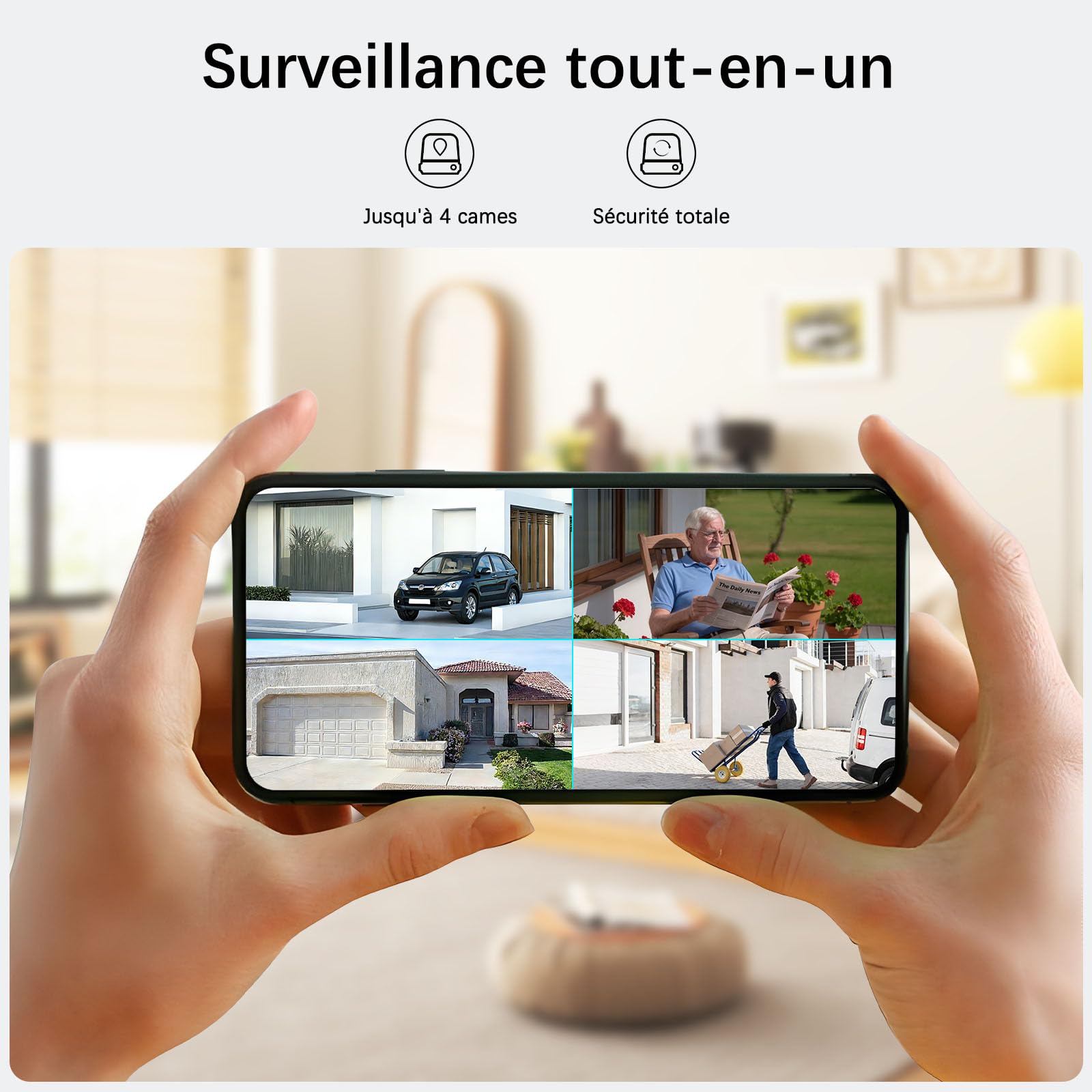 4K Camera Surveillance WiFi Exterieure sans Fil,4 Cam-Kit avec Home Station/Camera Solaire/Double Objectif,360° PTZ Sécurité à Domicile,Vision Vocturne,Alarme,Audio Bidirectionnel,Suivi Automatique