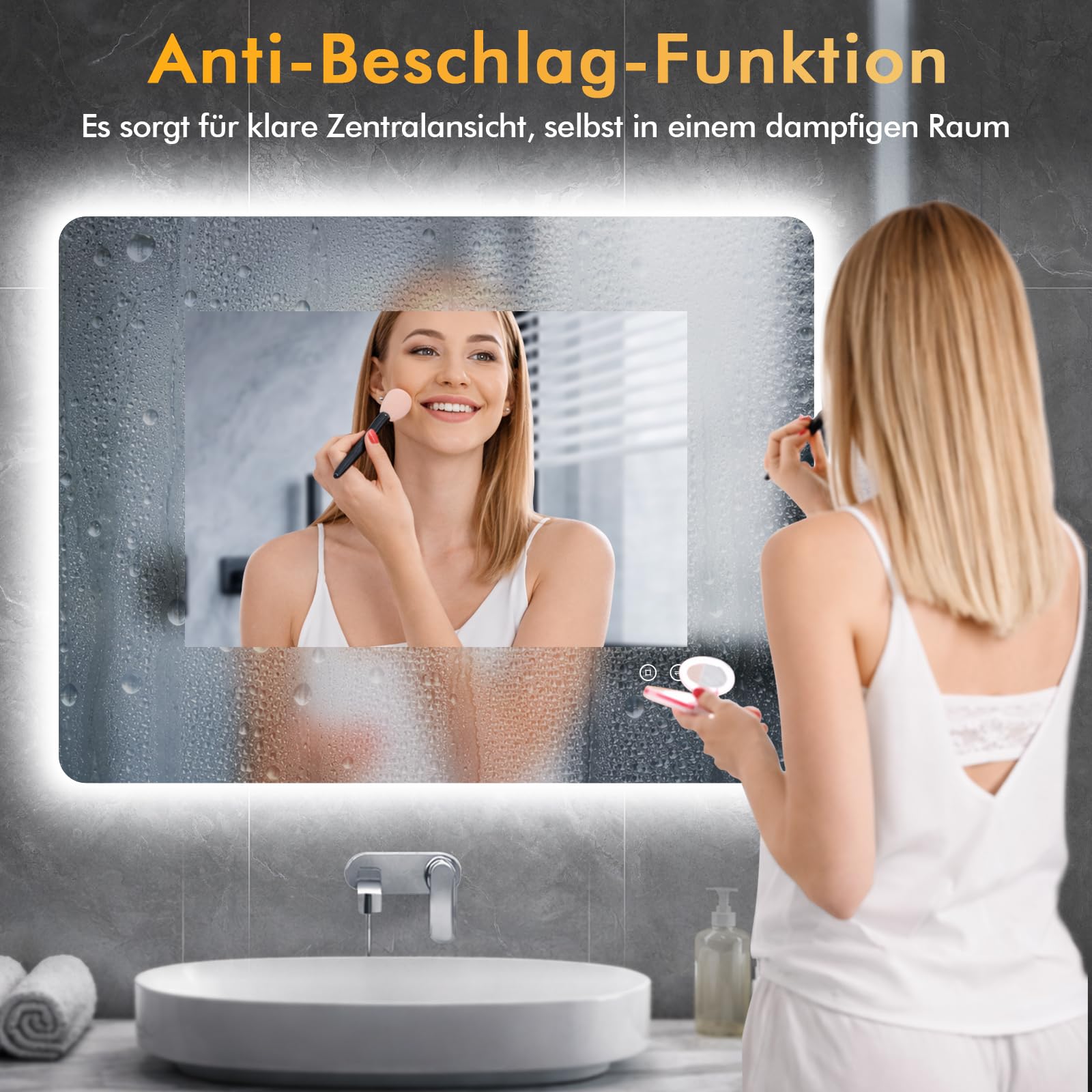 Badspiegel mit Beleuchtung 80x60 cm, LED Spiegel Bad mit Licht, 3 Lichtfarben, Dimmbar, Antibeschlag, Speicherfunktion, IP44, Horizontal/Vertikal montierbar, Rückbeleuchtung