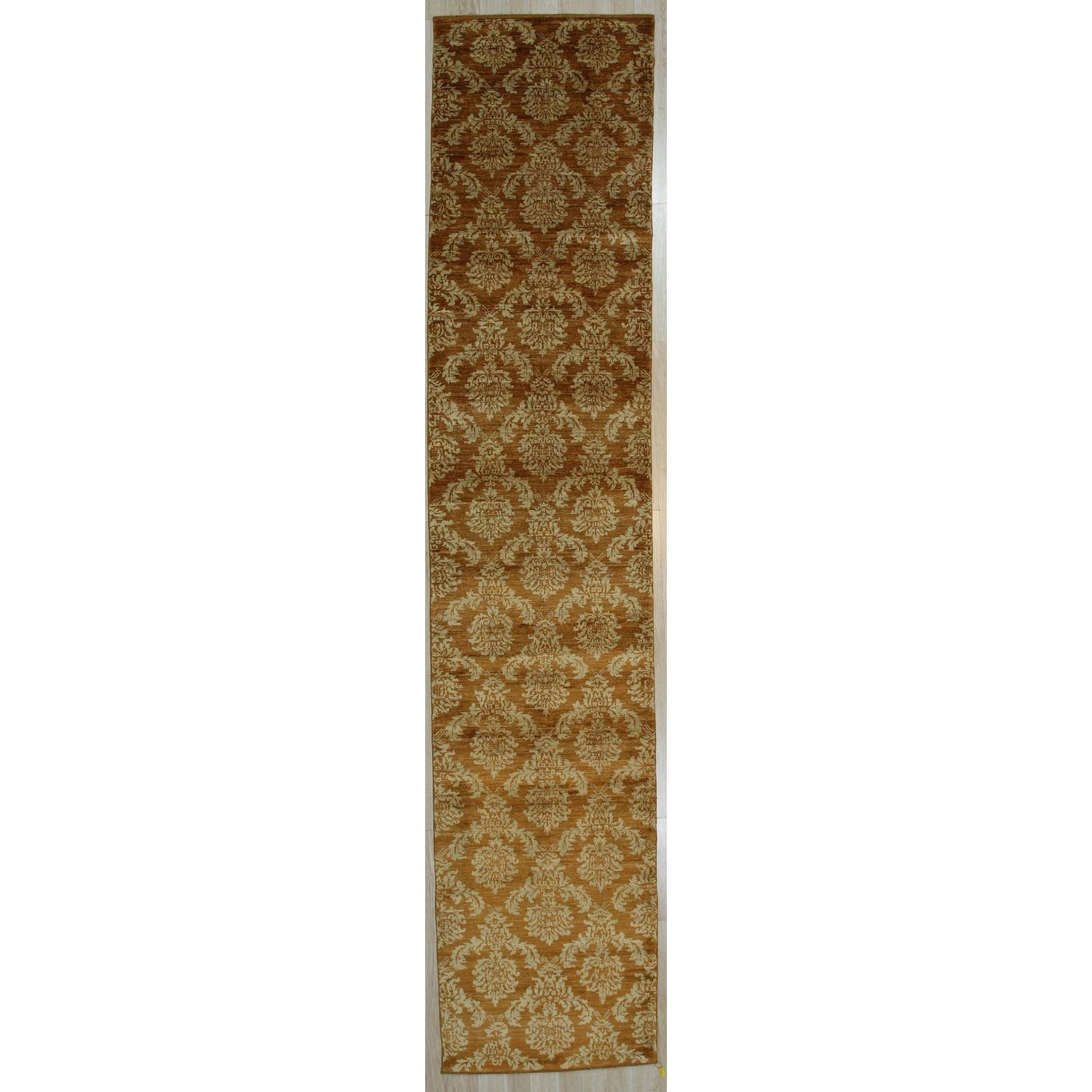 EORC Handmade Afghan Wool Brown Trasitional All Over Turkish Knot Rug, 13'10 x 2'11