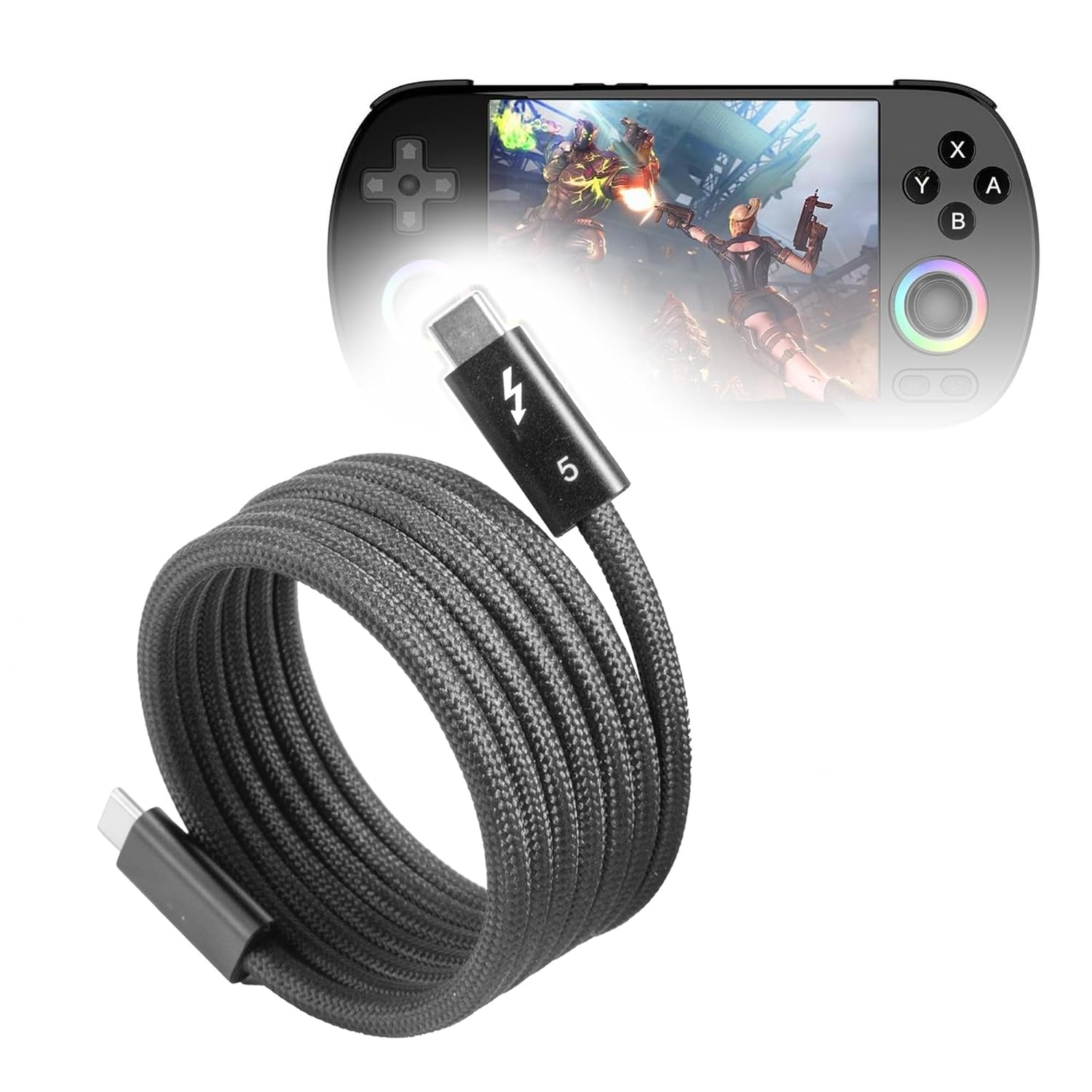 BoxWave Cable Compatible with Voacle RG40XX H (4 in) - SnapWrap Thunderbolt 5.0 Cable (5ft 240W), Magnetic Self-Coiling Nylon Braided Retractable - Jet Black