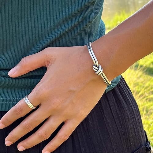 Miniatura 6 de Pulsera de nudo de plata de ley hecha a mano, alambres de plata simples y rústicos atados de manera minimalista, brazalete ajustable de 6 12