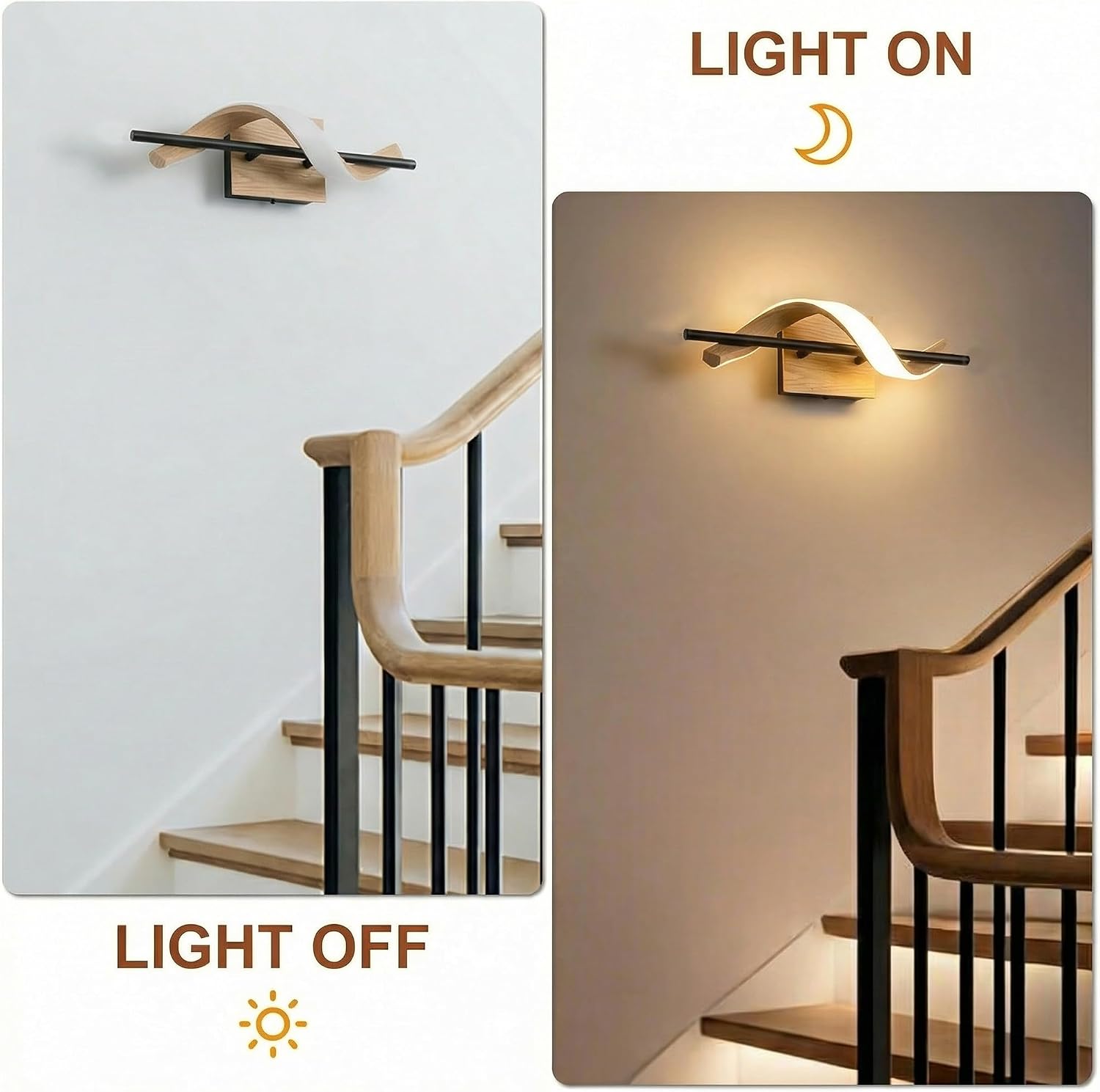 Maxax 18" LED Vanity Light Modern Wood Wall Sconce, Dimmable Bathroom Light Fixtures Over Mirror, Wave Design Black Metal, 3 Color Temp 3000K-6000K, 11.5W Hardwired