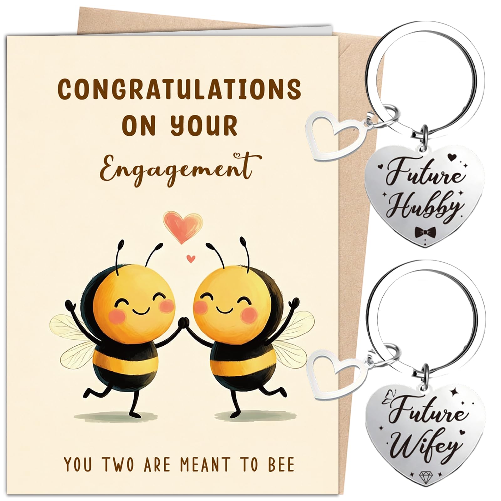 Engagement Card for Couples, Bee Congratulations Card and 2 Pcs Heart Keychain, Engagement Gifts for Family Friends Colleagues