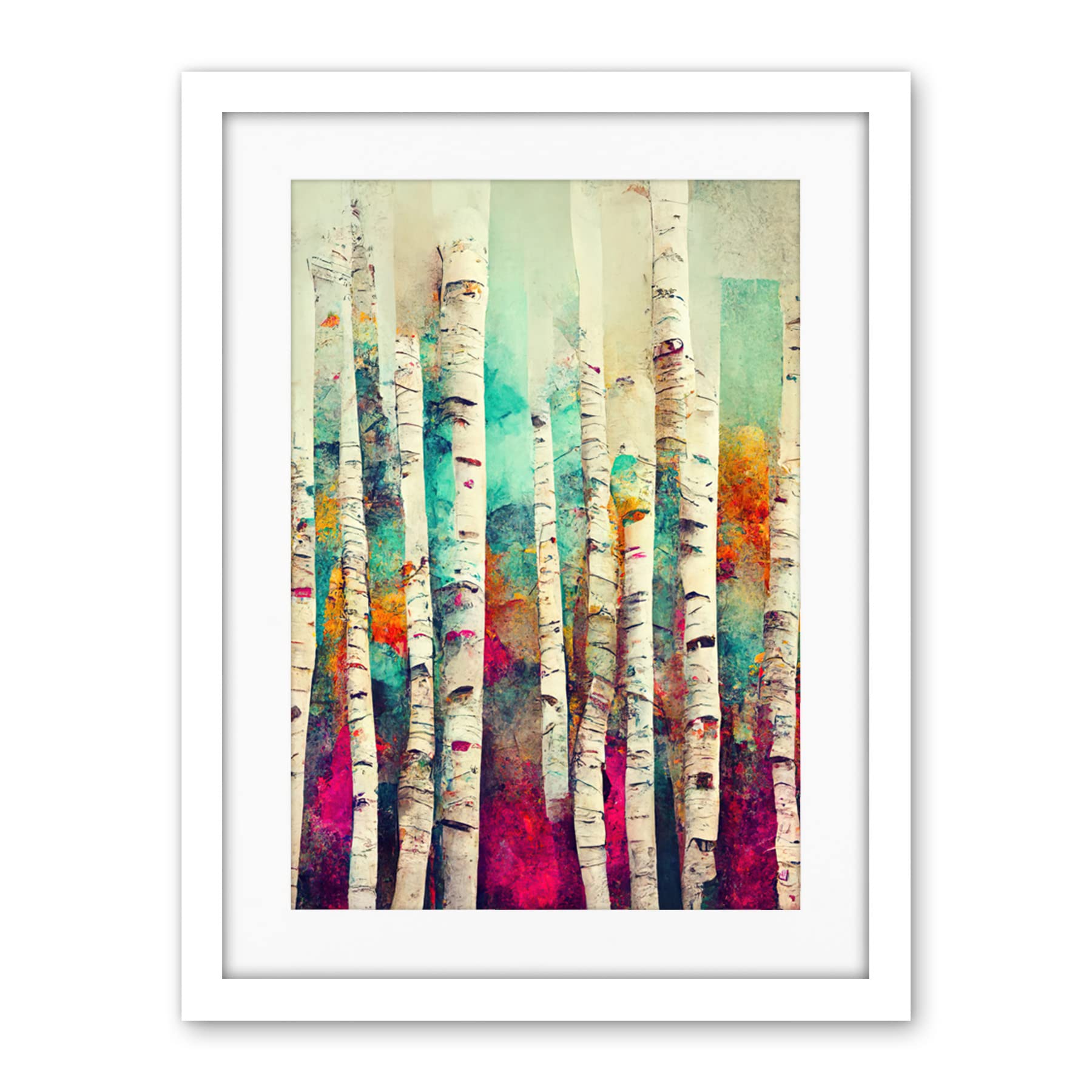 Wee Blue Coo Abstract Multi Coloured Birch Tree Forest Vibrant Colourful Oil Painting Artwork Framed Wall Art Print 18X24 Inch