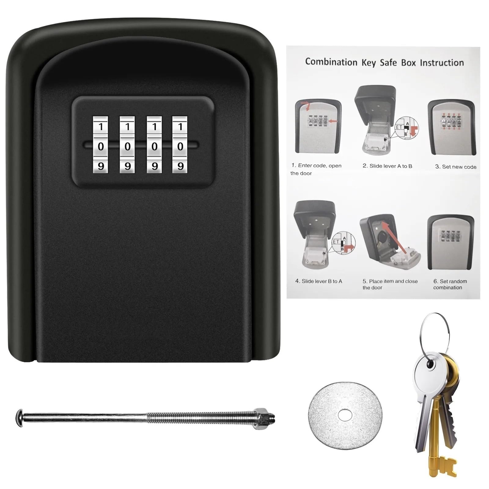Boîte à clés à combinaison à 4 chiffres – Coffre-fort mural en métal étanche pour une utilisation en extérieur – Armoire secrète sécurisée pour clés et objets de valeur