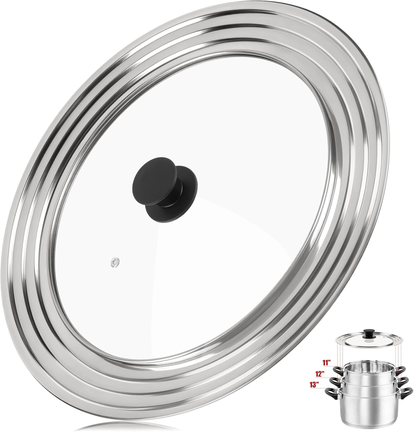 Pan Lid Fits 11, 12 & 13 Inch Cookware, Universal Lid for Pots, Pans and Skillets,Replacement Frying Pan Cover with Tempered Glass Top, Stainless Steel Cast Iron Skillet Lids - Heat Resistant Handle 11-12-13 INCH