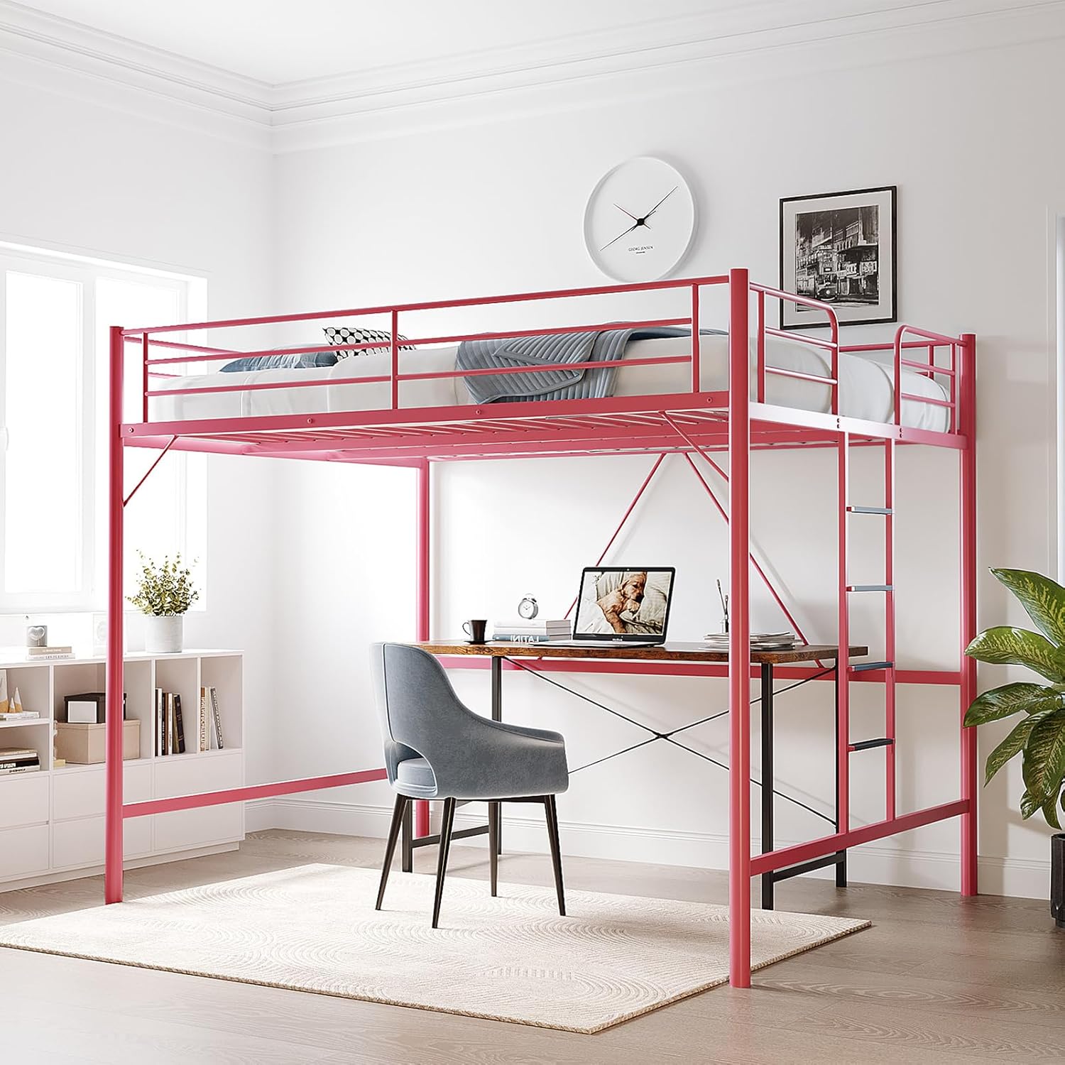 VINGLI Queen Loft Bed with a desk and chair placed underneath, demonstrating space-saving functionality.