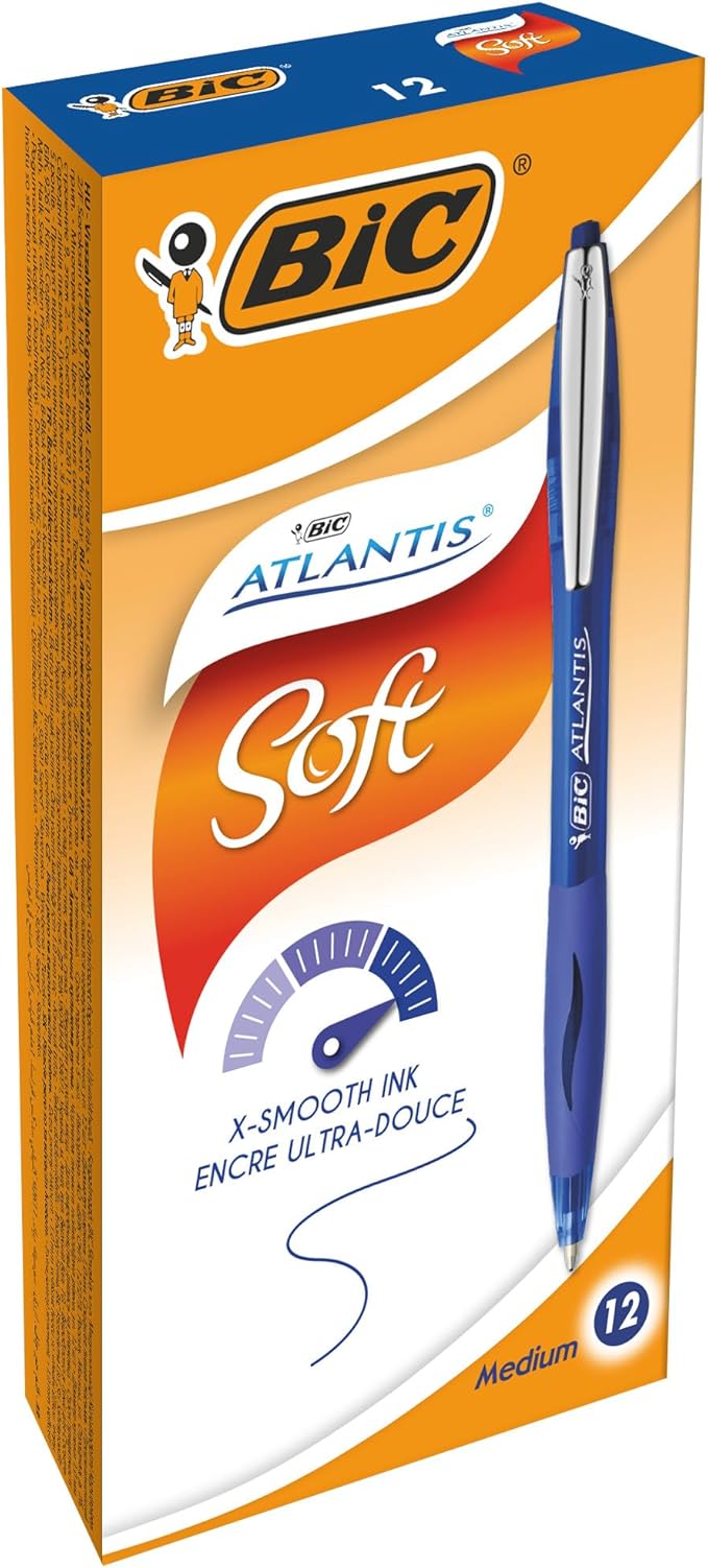 BIC 902132 Kugelschreiber Atlantis Soft, in Blau, Strichstärke 0.32 mm, nachfüllbar, 12er Pack, Ideal für das Büro, das Home Office oder die Schule