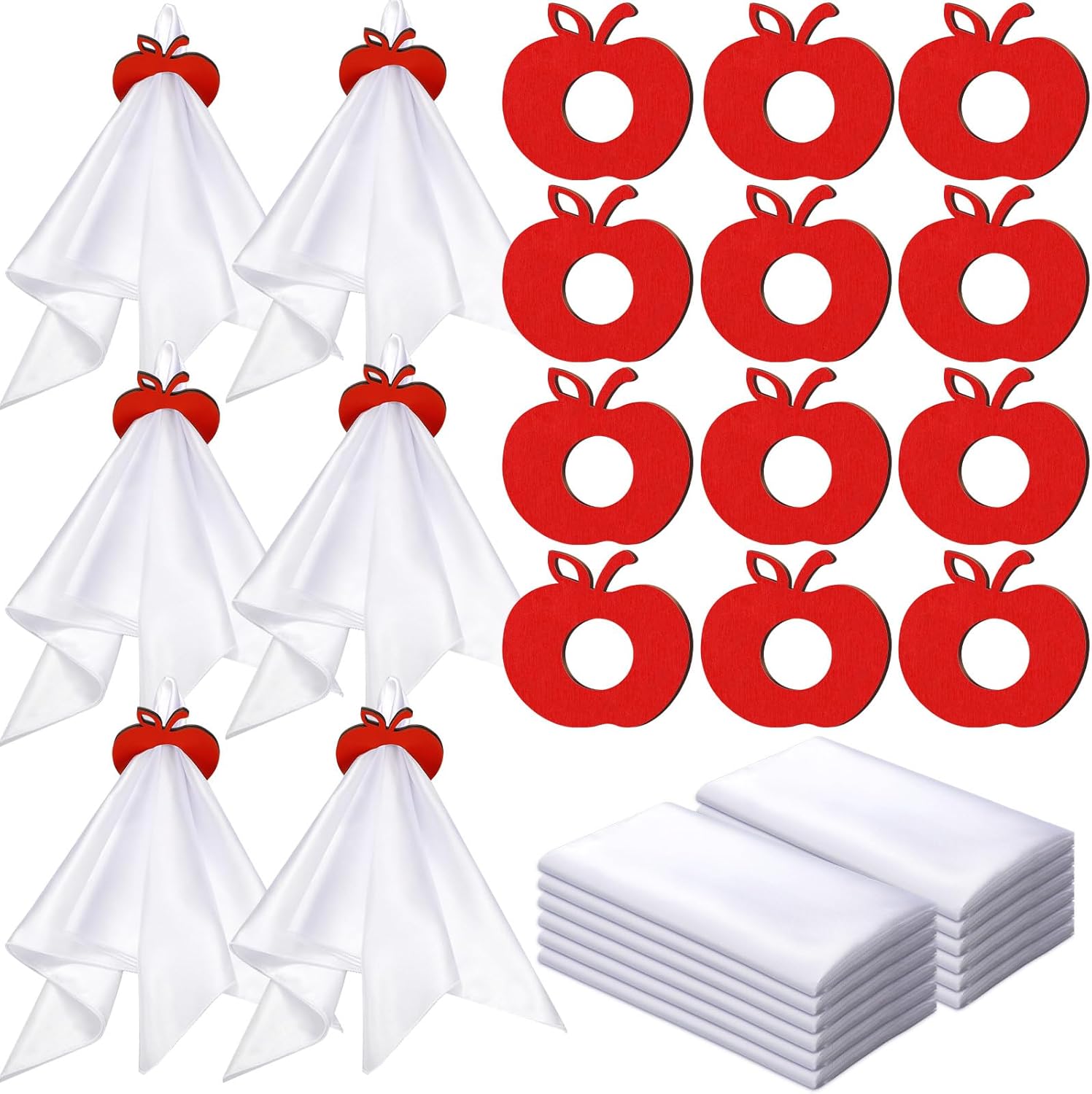 24 Pcs Rosh Hashanah Cloth Napkin with Wooden Apple Napkin Rings Set Red White Jewish New Year Reusable Cocktail Fabric Ring Holders for Wedding Party Dinner Table Supplies Apple Style