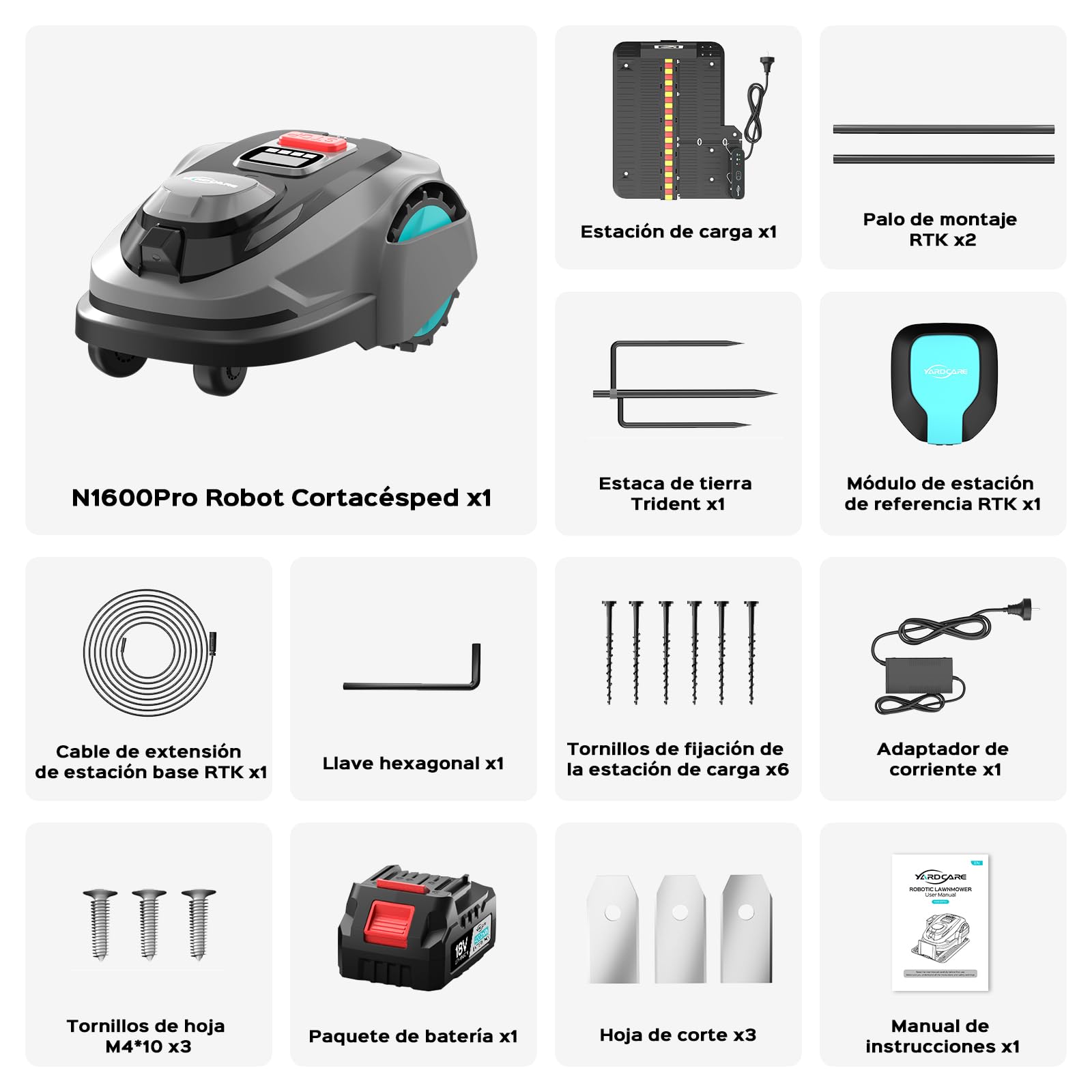 YARDCARE N1600PRO Robot cortacésped sin Cable perimetral, hasta 1600 m², navegación RTK y visión con IA, detección de más de 300 obstáculos, Recorrido en U, Gestión Zonas, Corte 20–60 mm por App