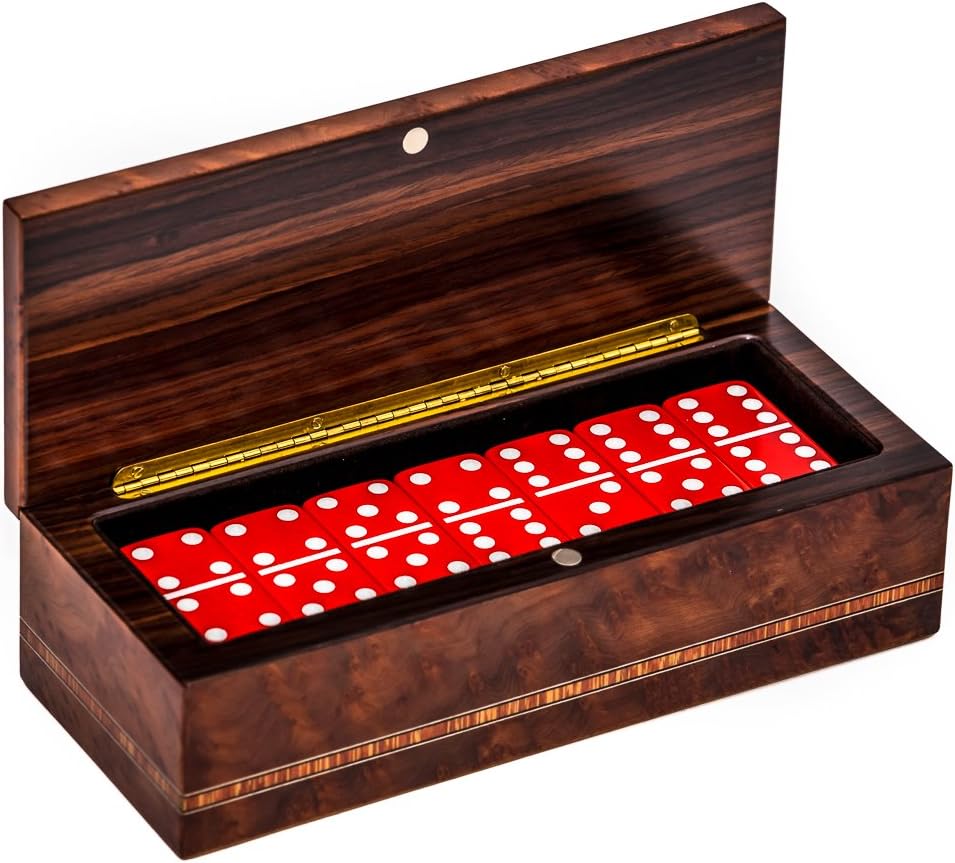 Bello Collezioni - Via Prato Luxury Double Six Red Professional Jumbo Size Tournament Dominoes Set from Italy in a Briarwood Case