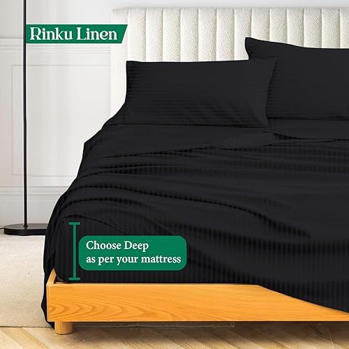 Miniatura 5 de Rinku Linen Juego de sábanas de algodón egipcio de 600 hilos, 6 piezas, para colchones de hasta 15 a 18 pulgadas, tamaño Queen, rayas negras
