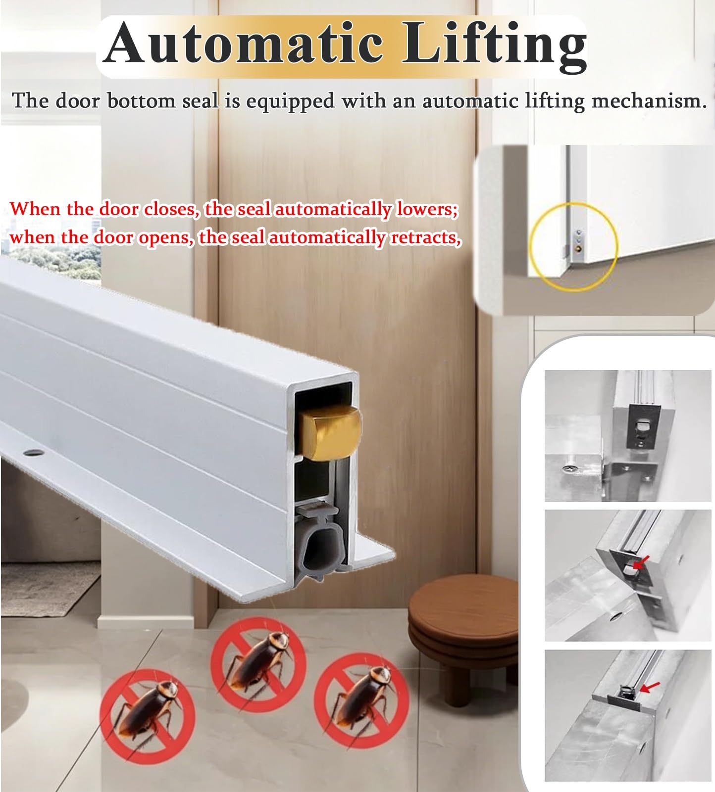 Guarnizione Automatica per Porta Guarnizione Automatica Della Porta a Scomparsa, Soglia a Ribalta | 56 61 76 95 97cm Guarnizione Inferiore per Porta Esterna, Strisce Paraspifferi Insonorizzanti per Porte, Binario In Alluminio
