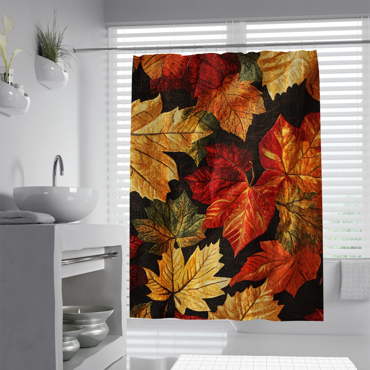 OLLIAR Home Maple Leaves Shower Curtains 180x180 Fall Plant Theme Bathroom Curtain Rustic Farmhouse Autumn Shower Curtain with Hooks Waterproof Fabric Decor