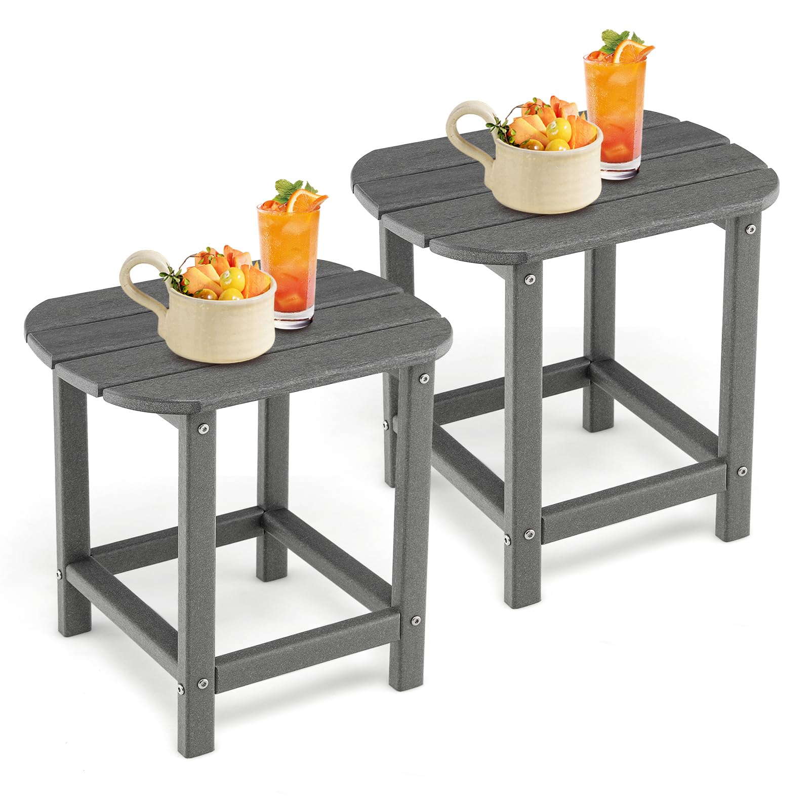 COSTWAY Bijzettafel voor buiten, set van 2, tuintafel, weerbestendig, van HDPE, kleine balkontafel, koffietafel voor tuin, balkon, terras, 48 x 37 x 46 cm, grijs