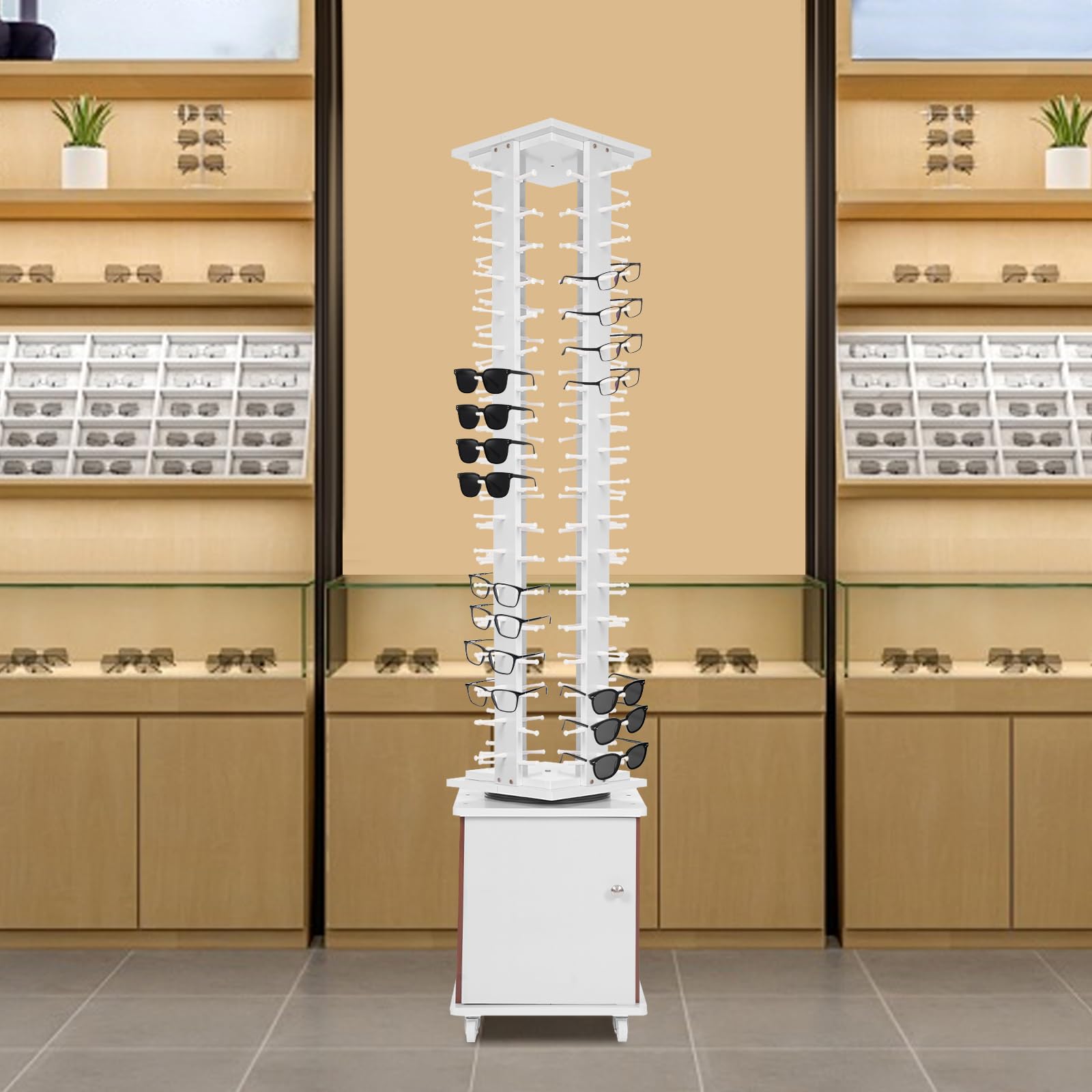 AKaSping Glasses Holder 72 Pairs Sunglasses Rack Rotating Glasses Display Stand with Wheels & Storage Cabinet Mobile Eyeglasses Holder Floor-standing Eyewear Organizer