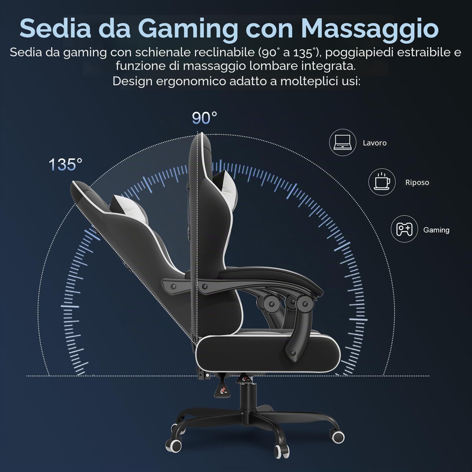 JUMMICO Sedia da Gaming Massaggiante, Cuscino Lombare & Poggiatesta, Ergonomica Sedia da Ufficio, Schienale Regolabile 90-135°, Portata 150 kg (bianco e nero)