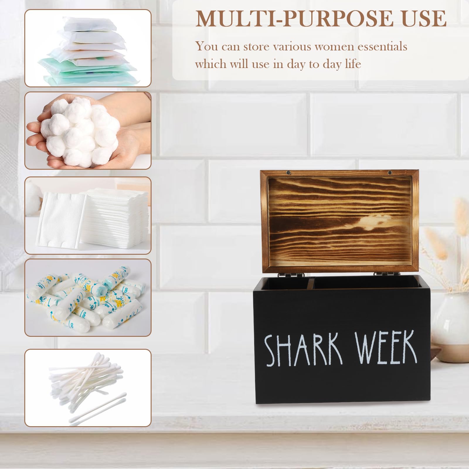 Porta Cotton Fioc per Bagno con Coperchio, Scatola Organizzatrice 2 Scomparti in Legno Rustico - Contenitore per Igiene Femminile, Tamponi, Assorbenti, Cosmetici, Accessori Bagno