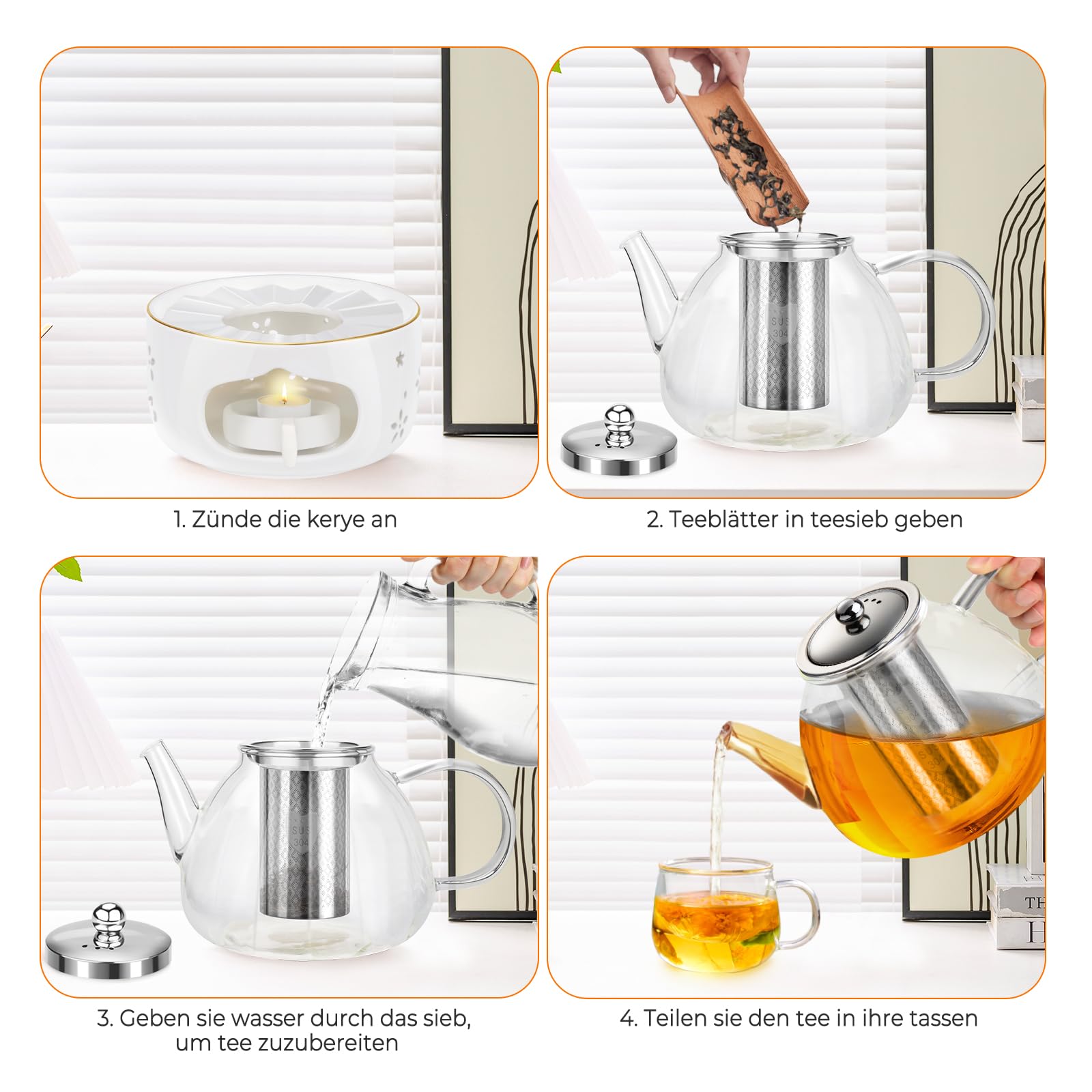 1.6L Teekanne mit Stövchen, Teekanne mit Siebeinsatz, Teekanne Glas Borosilikatglas mit Keramik Teekanne Wärmer, Borosilikatglas Glaskanne für Home Cafe Teemilch