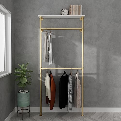 Perchero industrial de tubería - Perchero resistente montado en la pared para dormitorio y vestidor - dorado