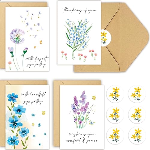 Paquete de 40 tarjetas de condolencias con sobres, tarjetas de condolencia de flores de acuarela, tarjeta de duelo, juego de caja a granel pensando