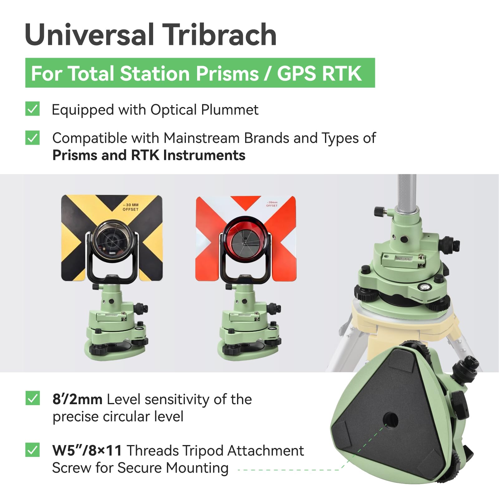 Tribrach y adaptador de topografía, base RTK verde de tres mandíbulas con plomada óptica, rosca de 5/8 pulgadas para GNSS GPS RTK y base de objetivo óptico de prisma de estación total
