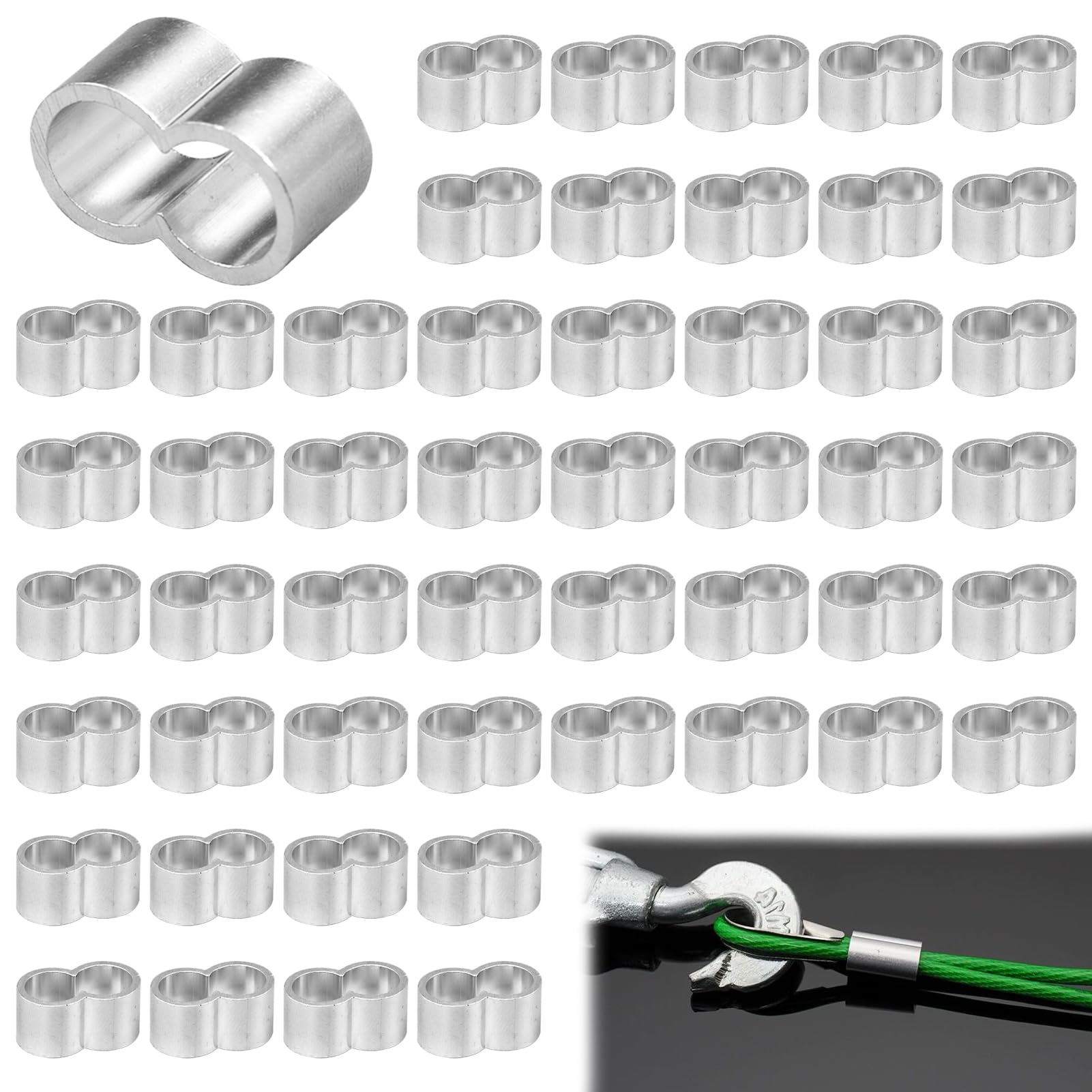 50 Pezzi Morsetti in Alluminio d'Argento Doppio Manicotto in Alluminio Manicotti Alluminio Morsetto Maniche Ghiere in Alluminio per 8 mm Fune Metallica, Fissare Cavi, Corde