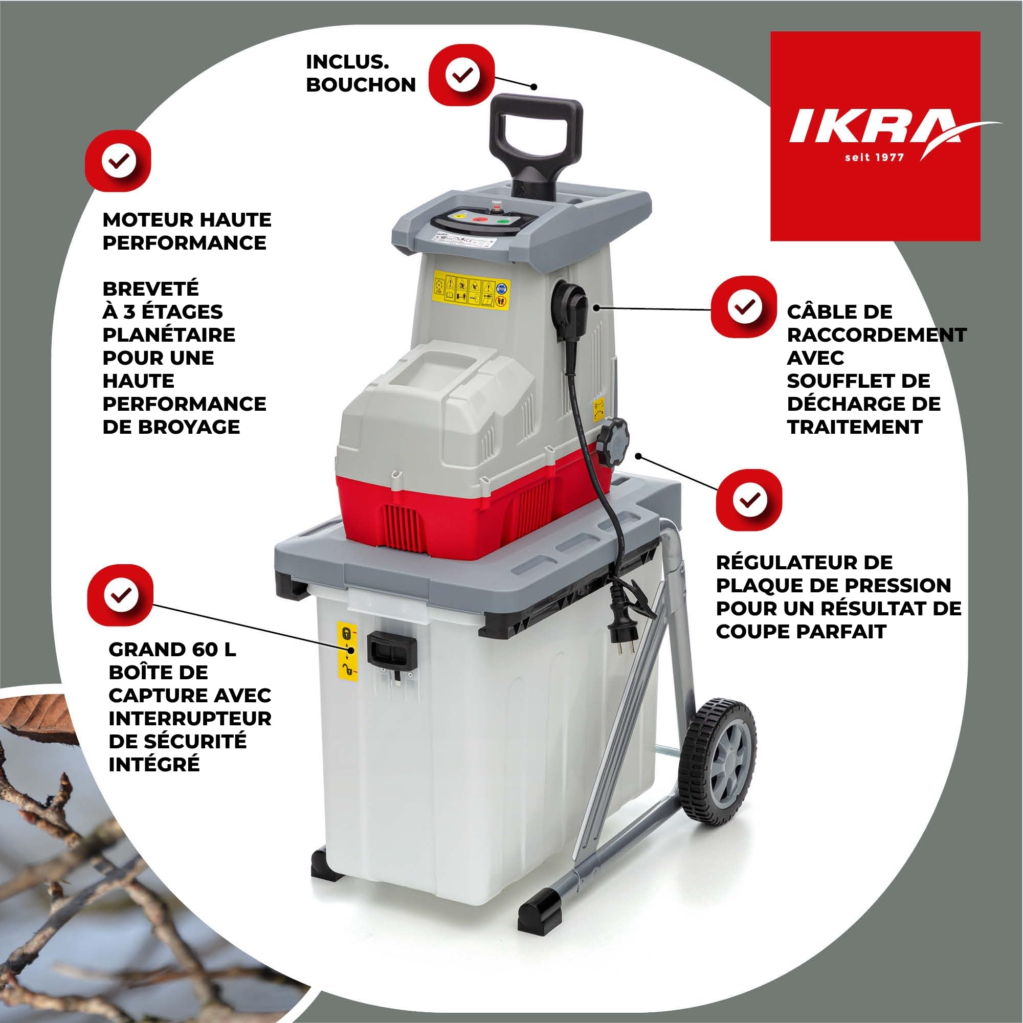 IKRA broyeur électrique ILH 3200 A - silencieux, robuste, peu d'entretien, puissance de 3200 W, épaisseur de branche jusqu'à 44 mm